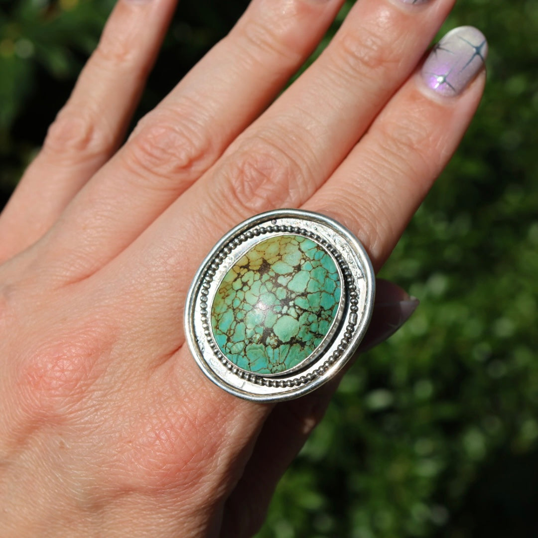 Turquoise Statement Ring in Sterling Silver | Decorative Sterling Border — One of a Kind | Size 7.5