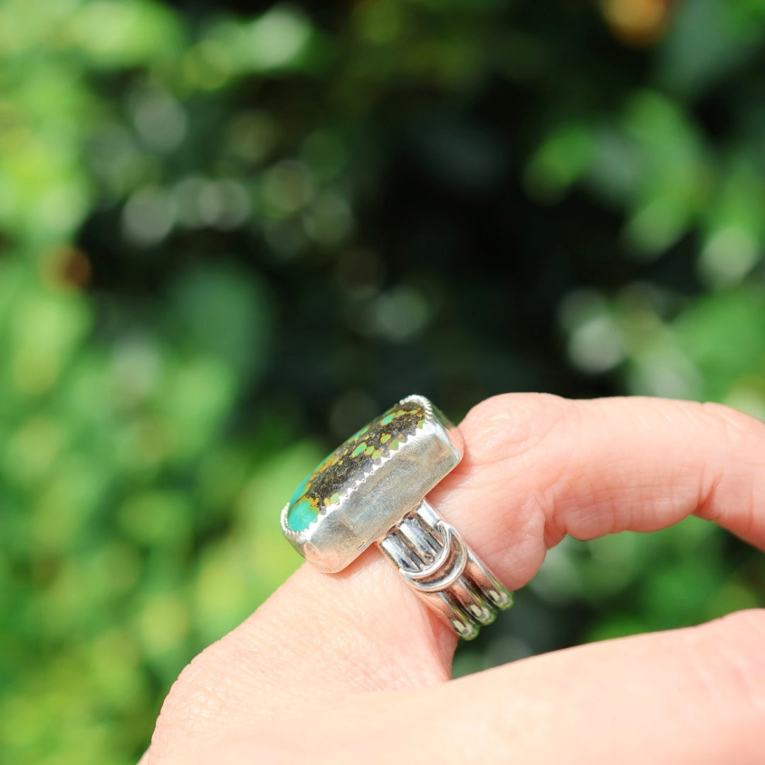 Turquoise Barrel Ring with Silver Moons (Size 4.5)