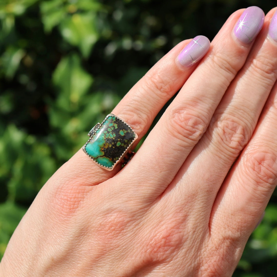 Turquoise Barrel Ring with Silver Moons (Size 4.5)
