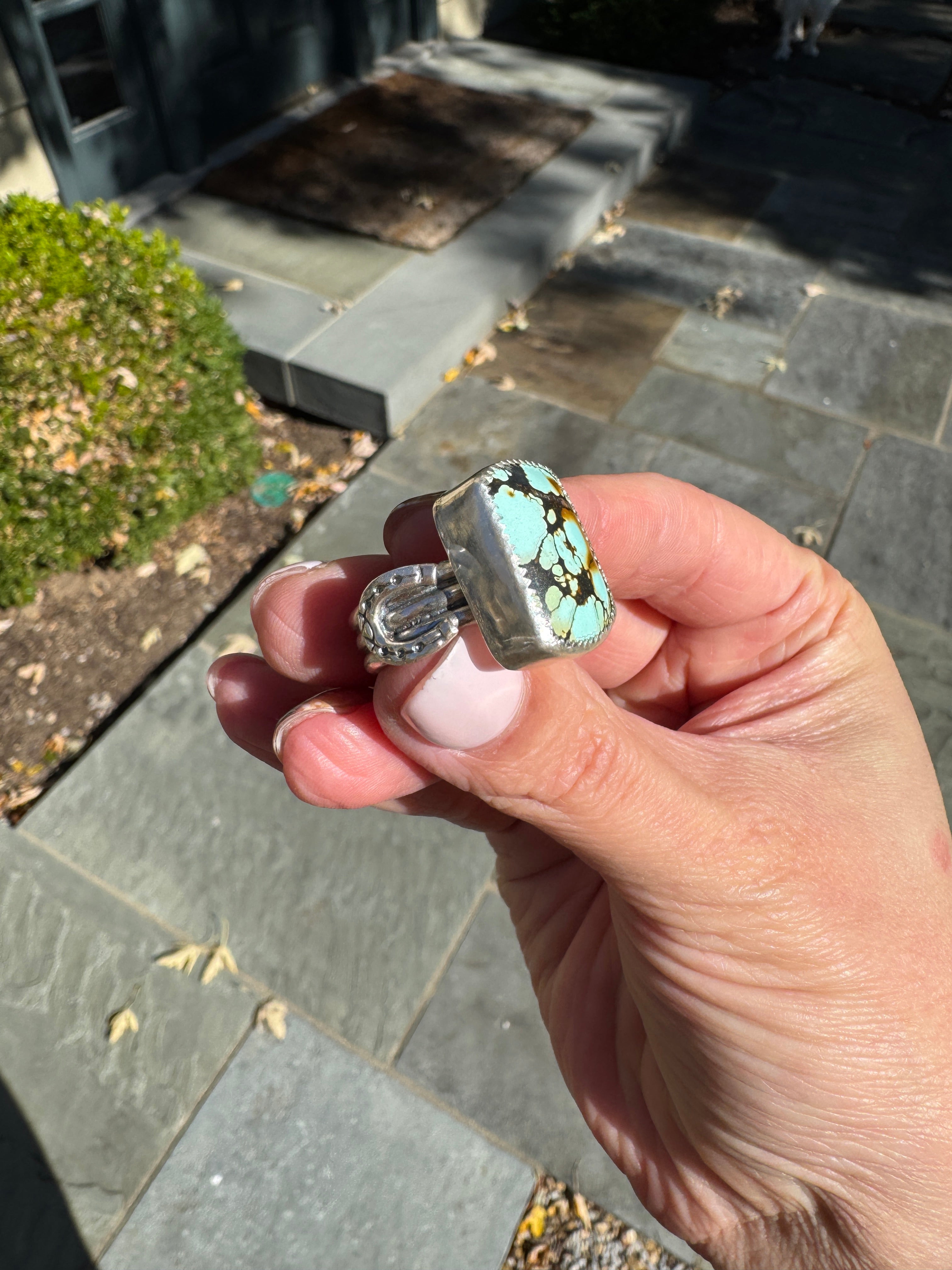 Americana ring. Southwest style turquoise with sterling silver horseshoe. Western rodeo cowboy style jewelry