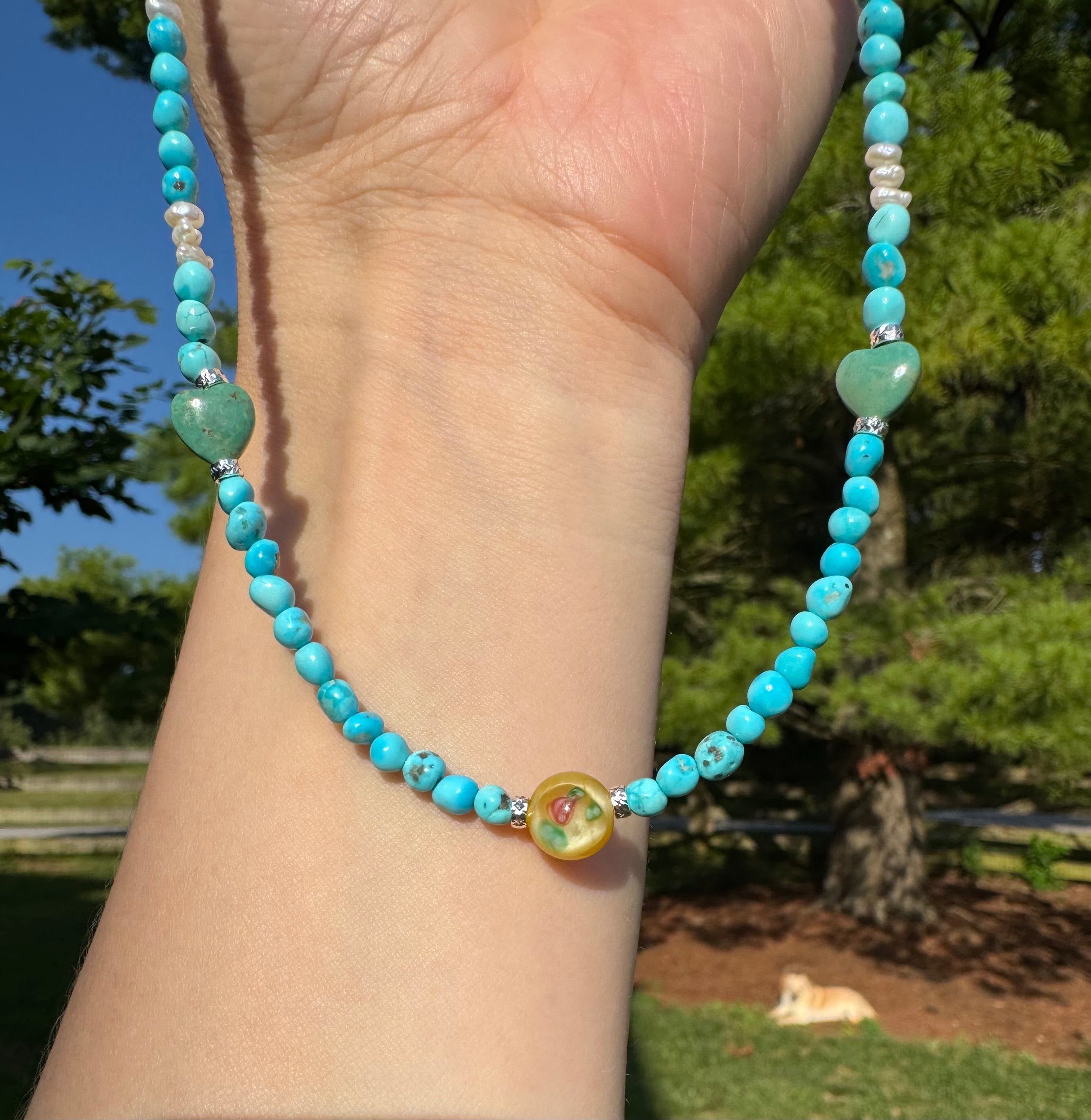Turquoise, Pearl & Heart Bead Necklace