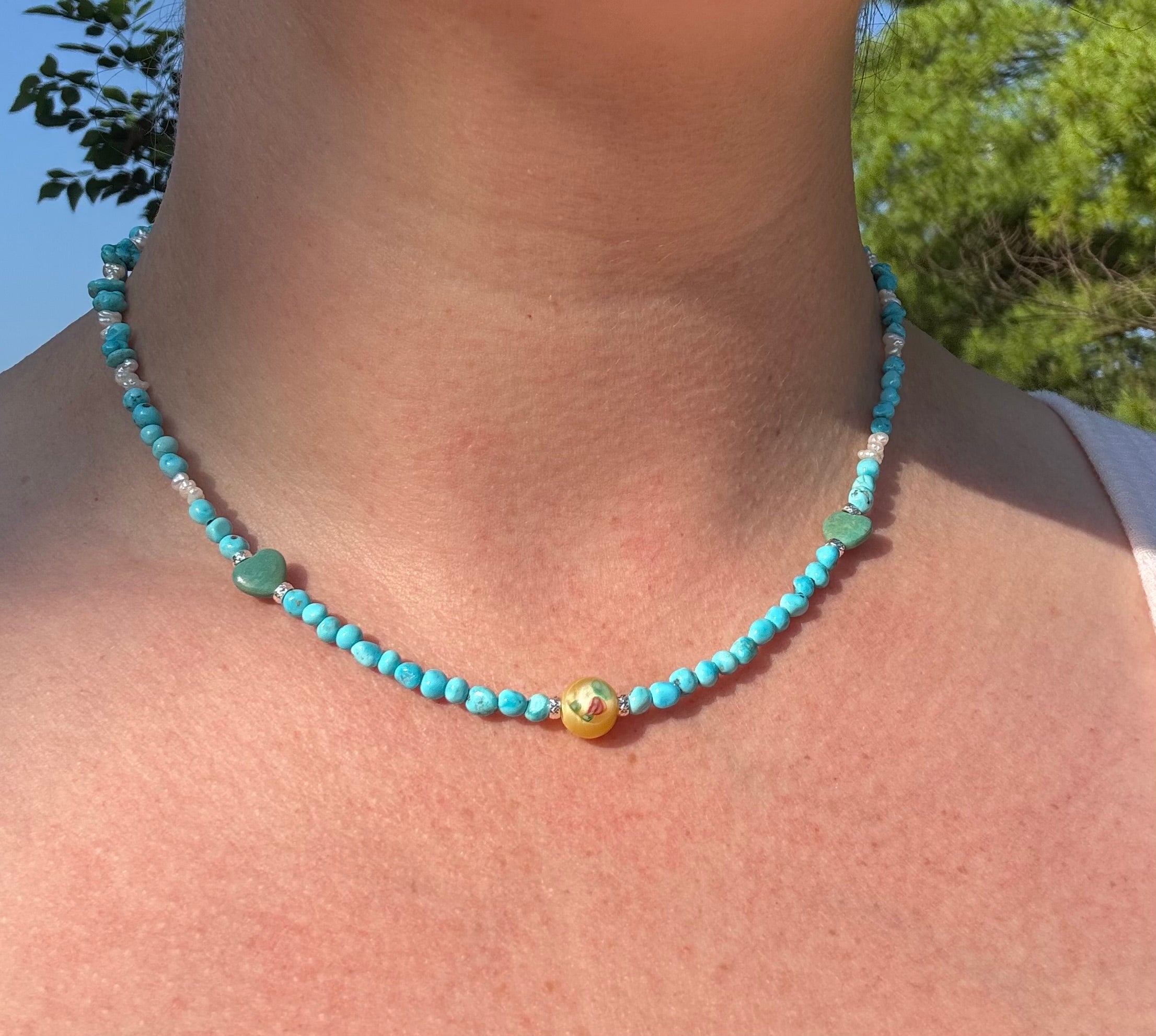 Turquoise, Pearl & Heart Bead Necklace