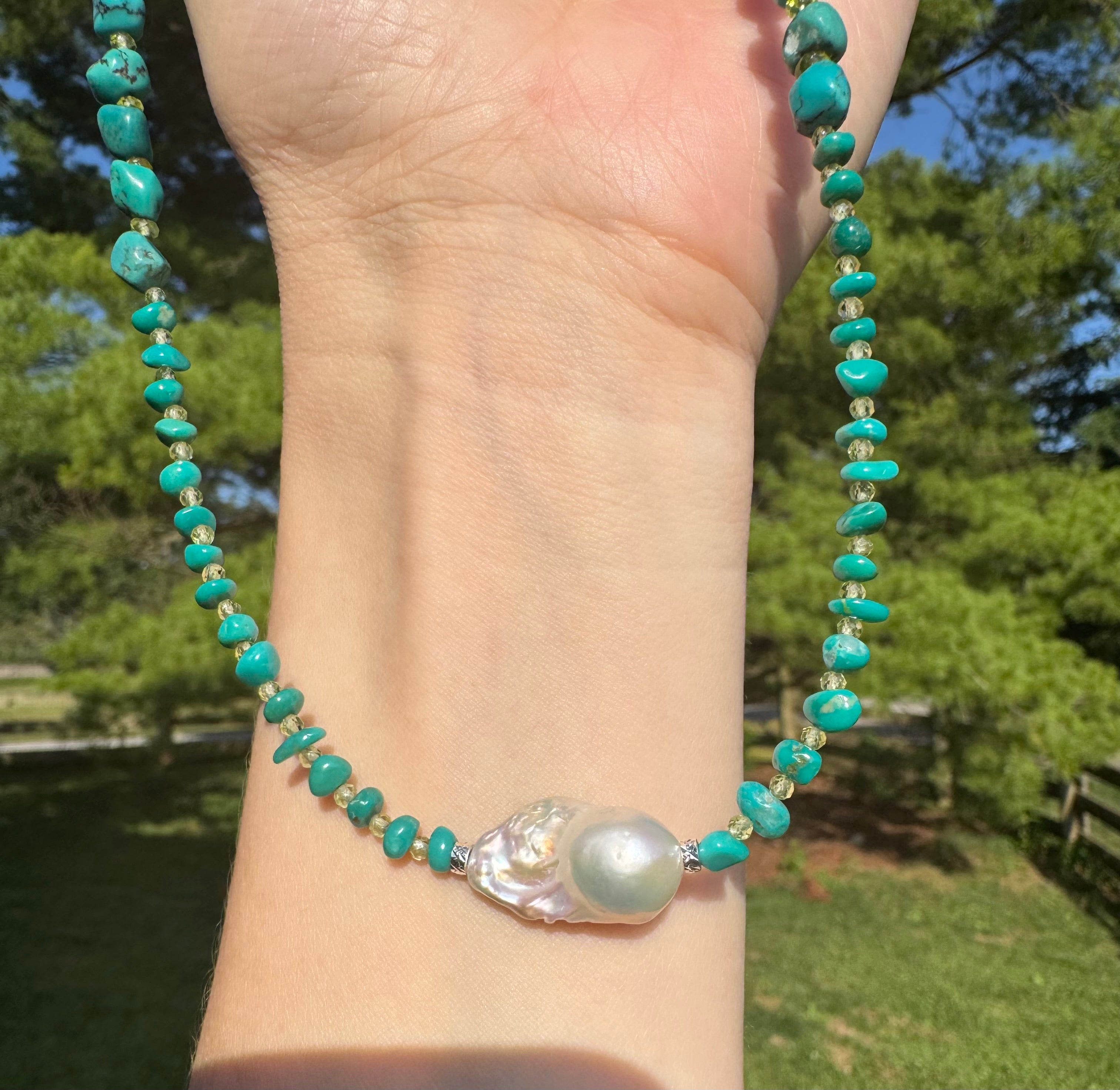 Turquoise & Peridot with Baroque Pearl