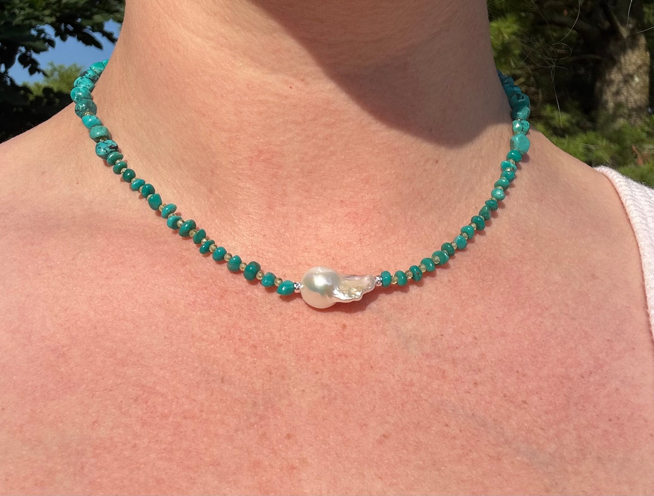 Turquoise & Peridot with Baroque Pearl