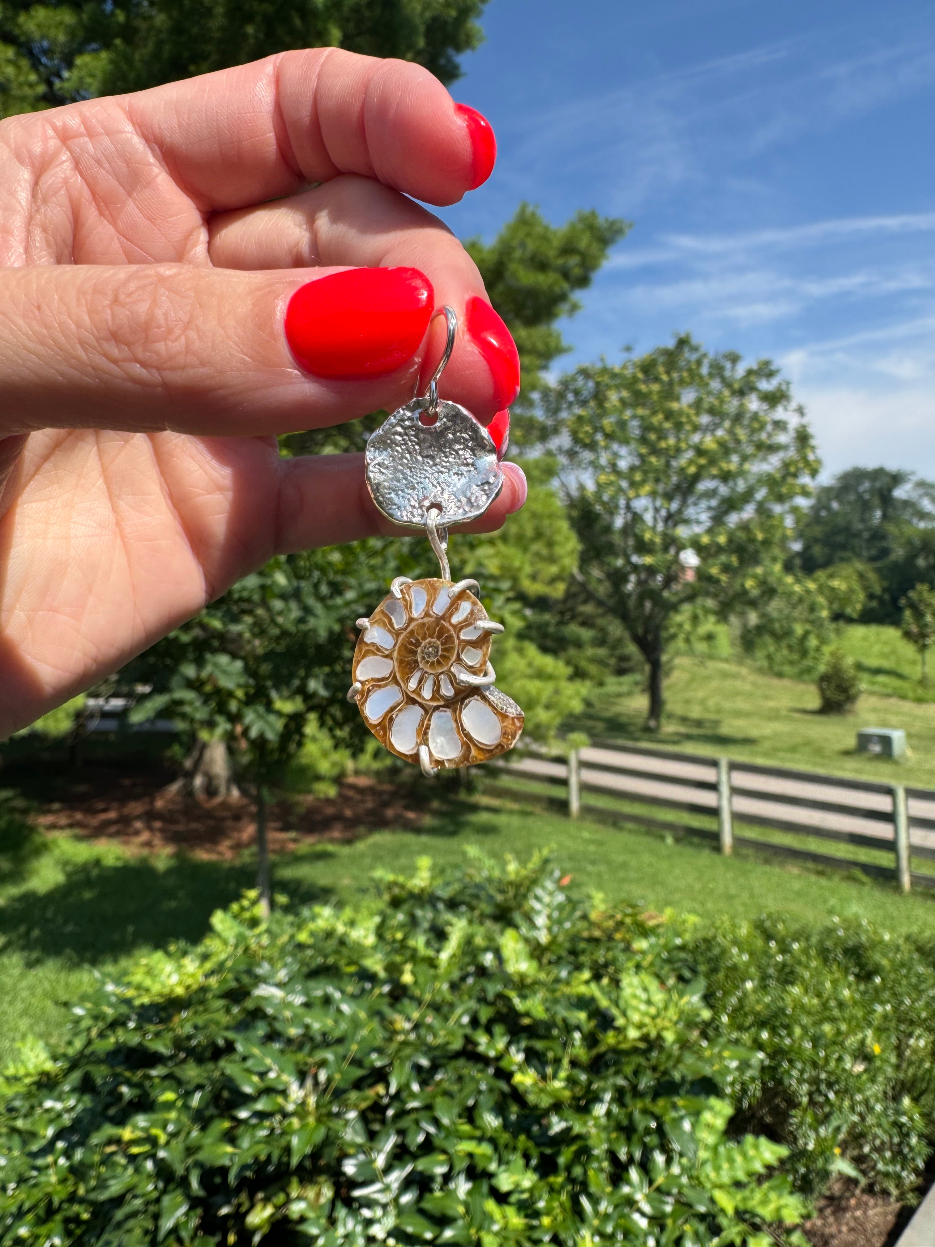 ammonite earrings with mother of pearl and fine silver