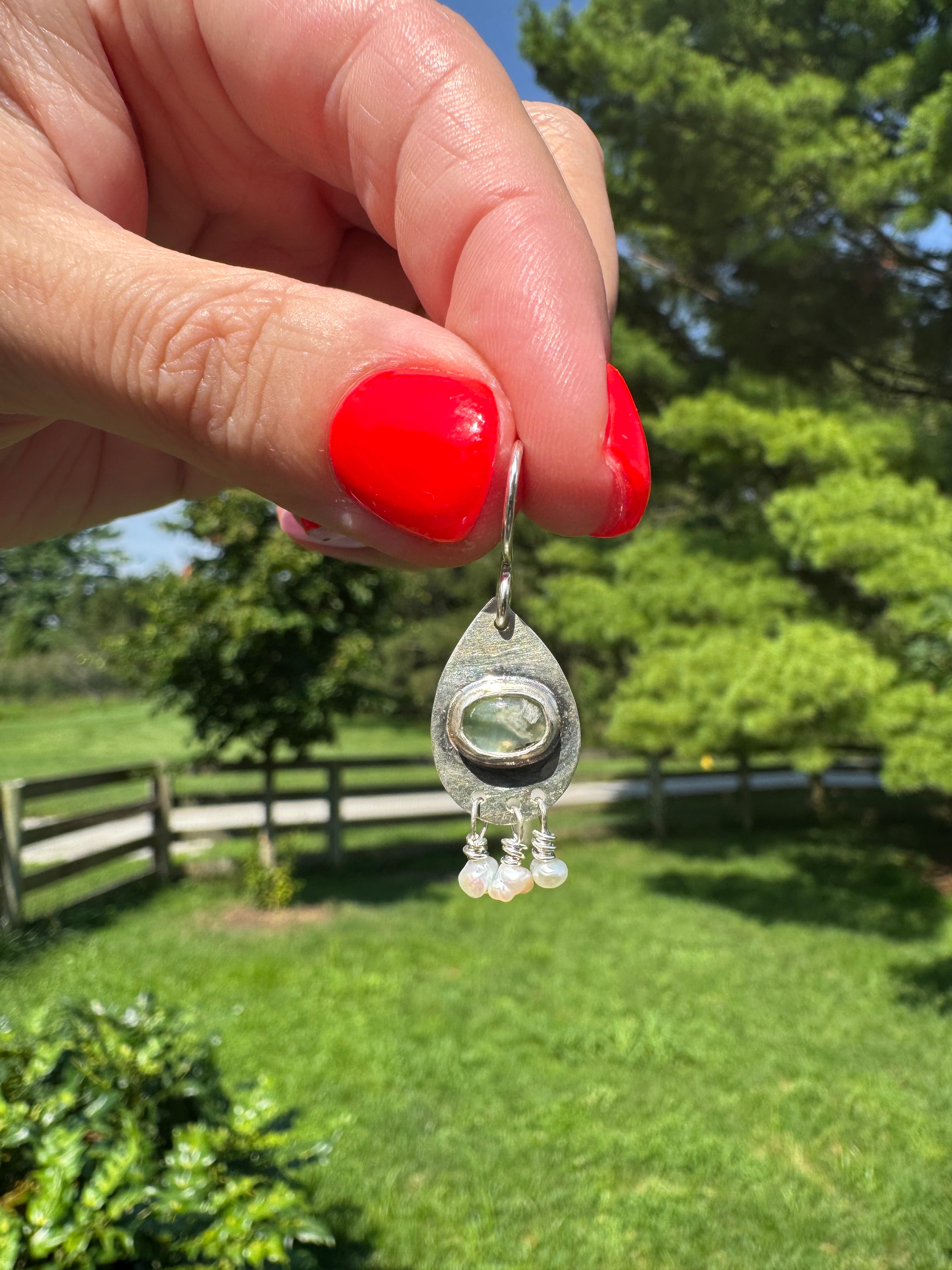 prehnite and seed pearls with sterling silver earrings