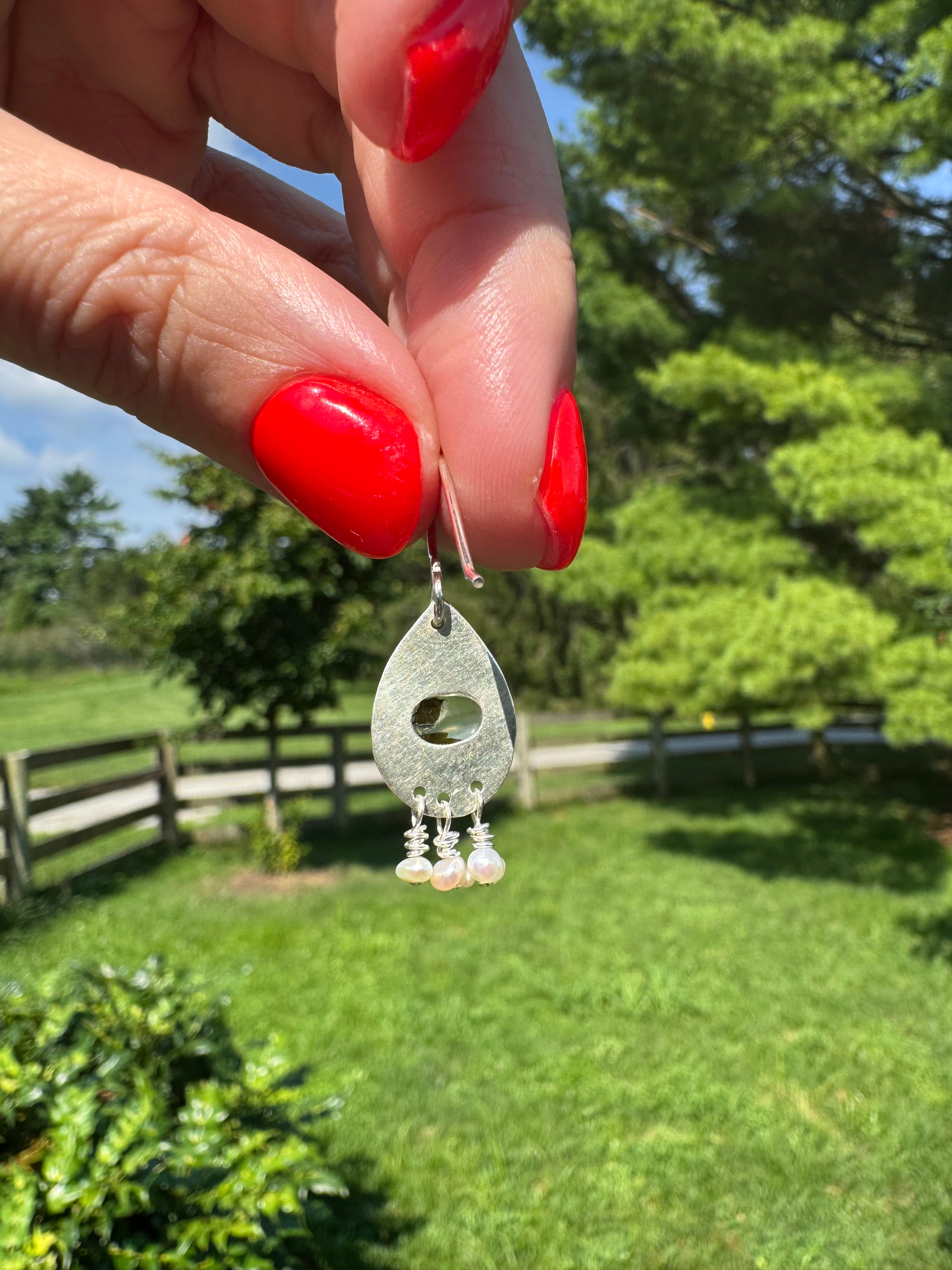 prehnite and seed pearls with sterling silver earrings