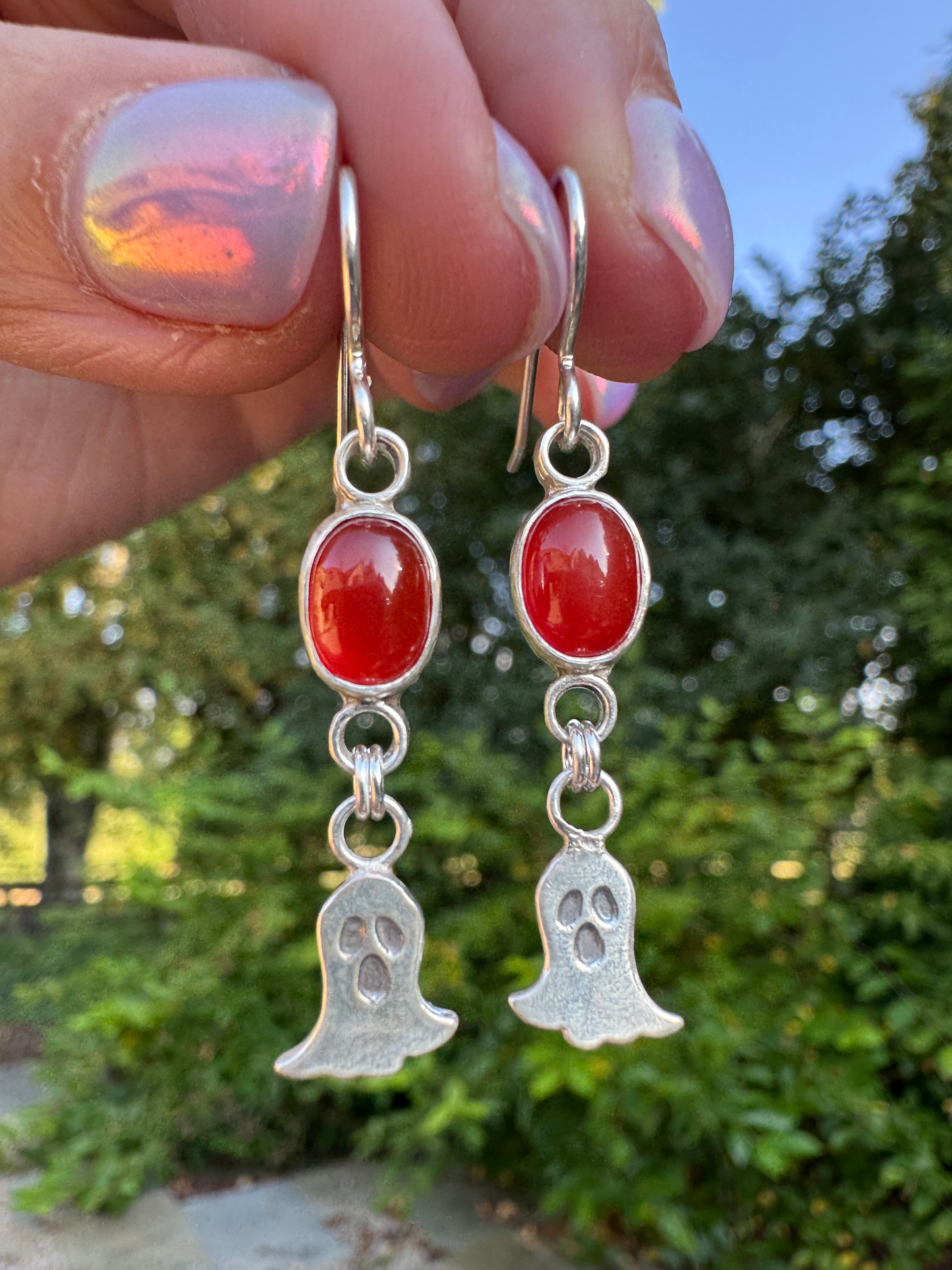 sterling silver ghost earrings with carnelian. Halloween jewelry