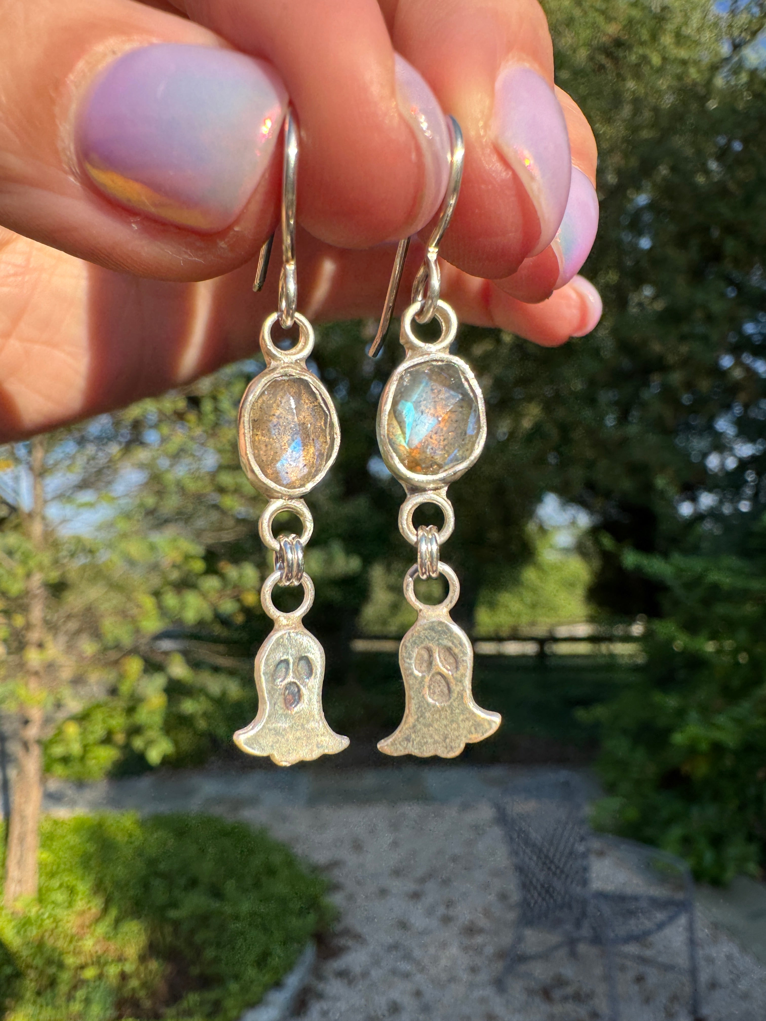 Sterling silver ghost earrings with labradorite. Halloween jewelry