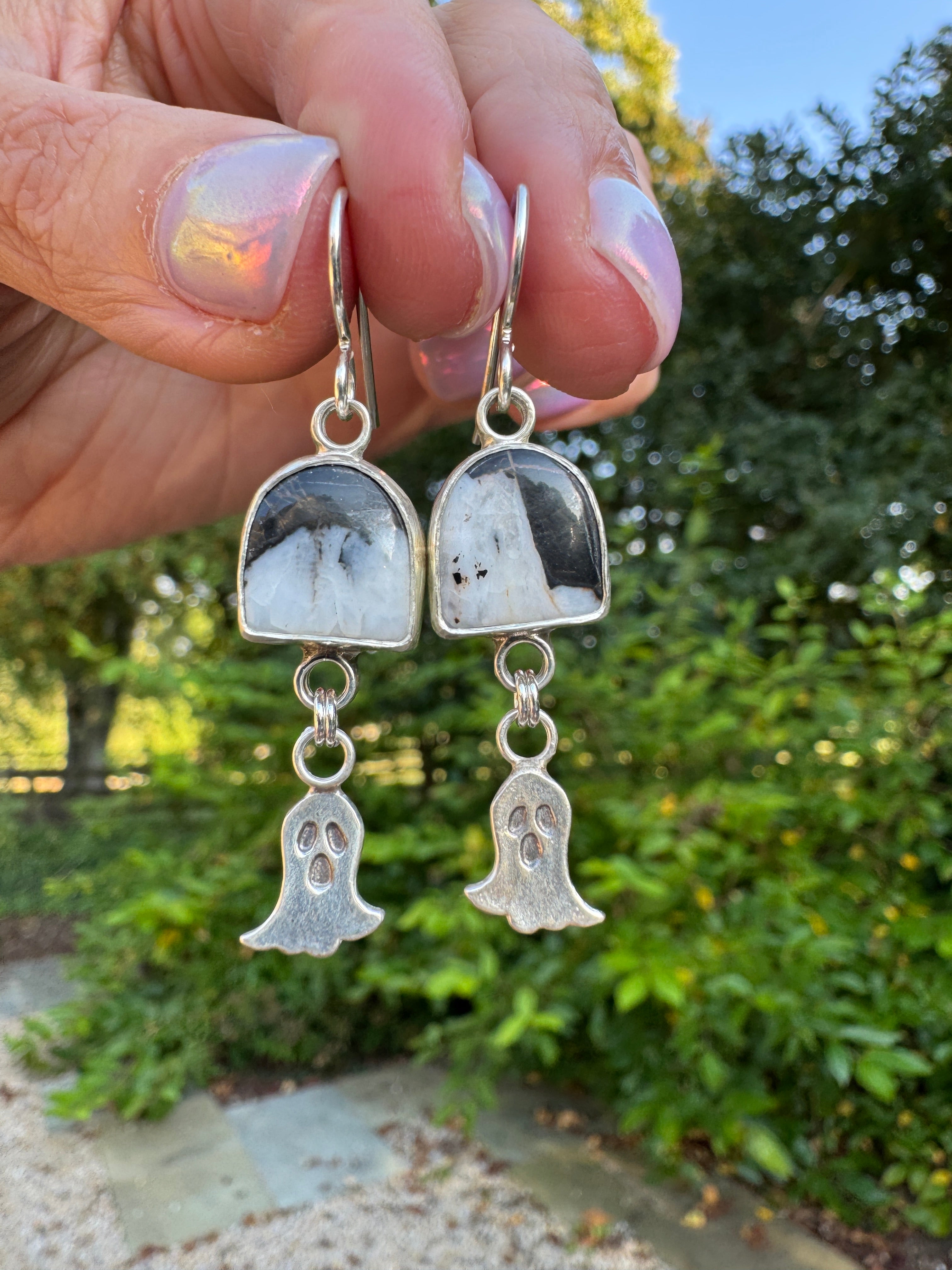Sterling silver ghost earrings with white buffalo. Halloween jewelry