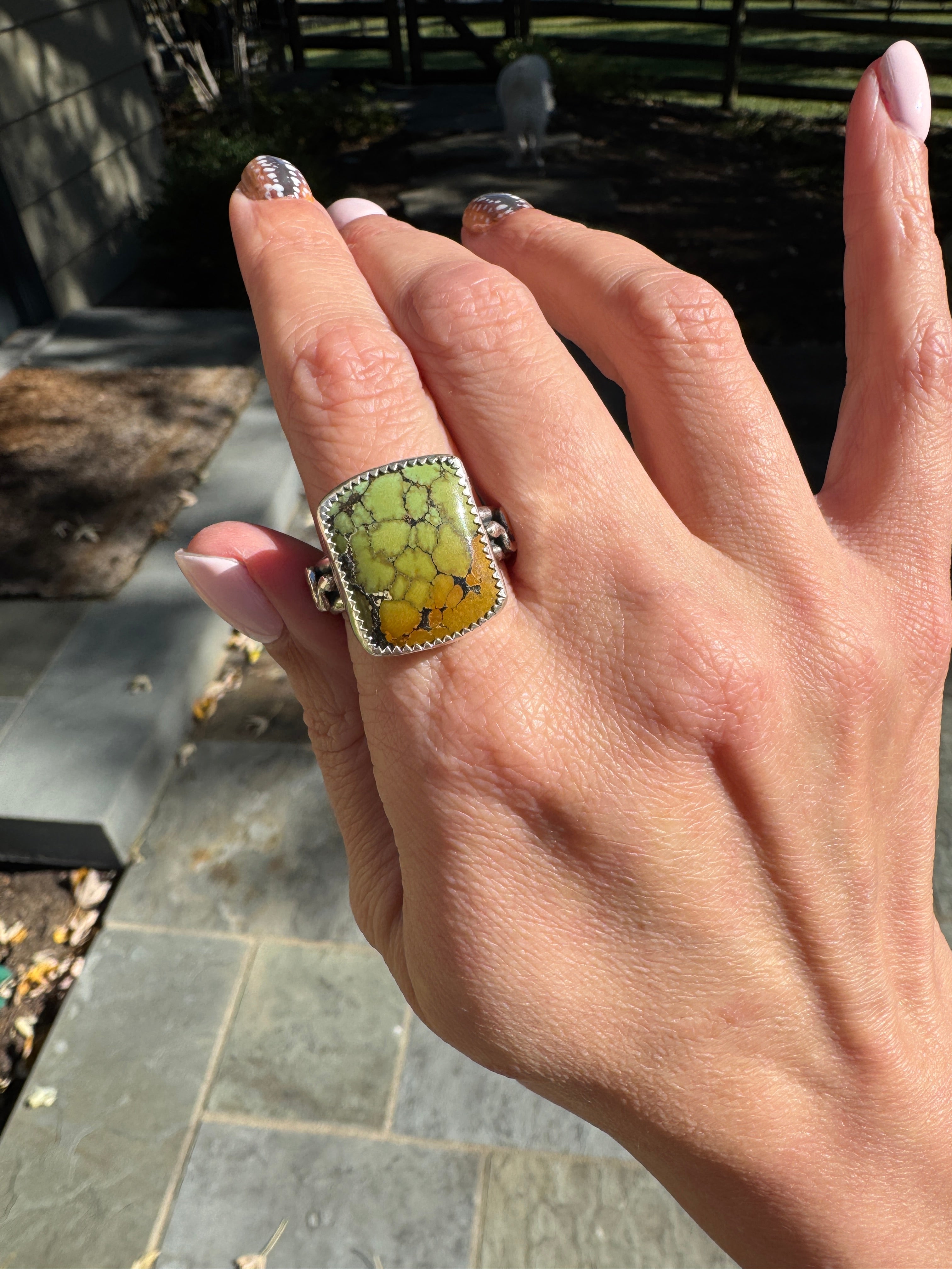 Americana ring. Southwest style turquoise with sterling silver snakes. Western rodeo cowboy style jewelry