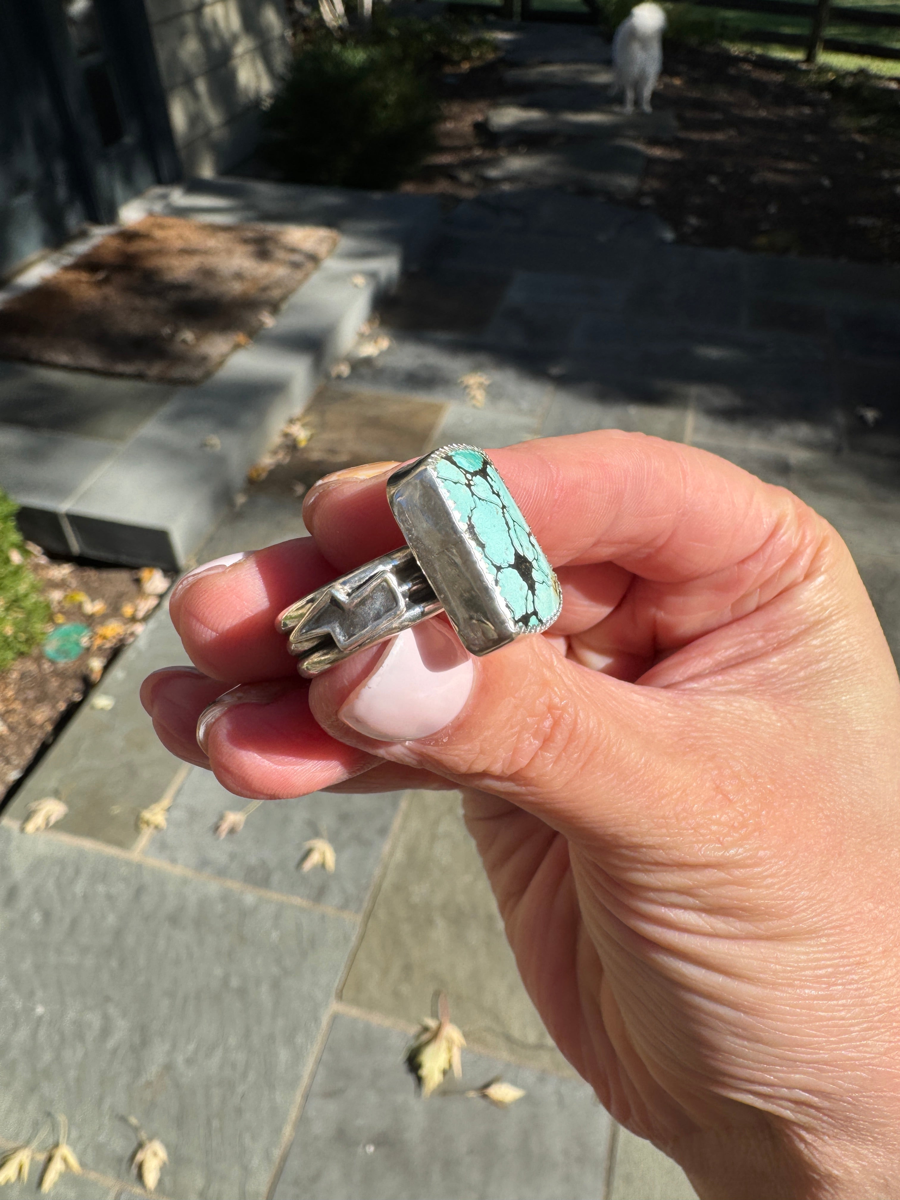 Americana ring. Southwest style turquoise with sterling silver lightning bolts. Western rodeo cowboy style jewelry