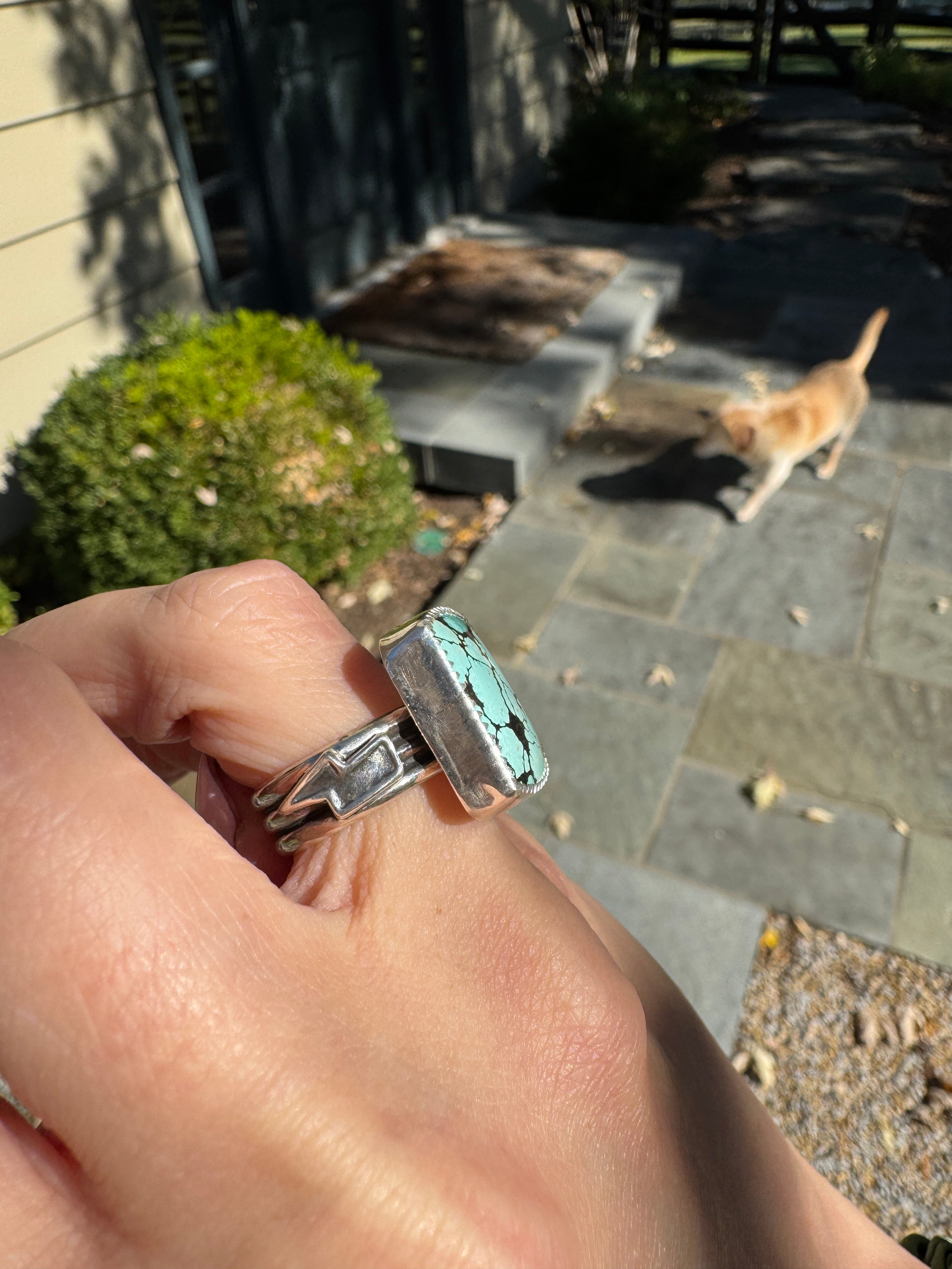 Americana ring. Southwest style turquoise with sterling silver lightning bolts. Western rodeo cowboy style jewelry
