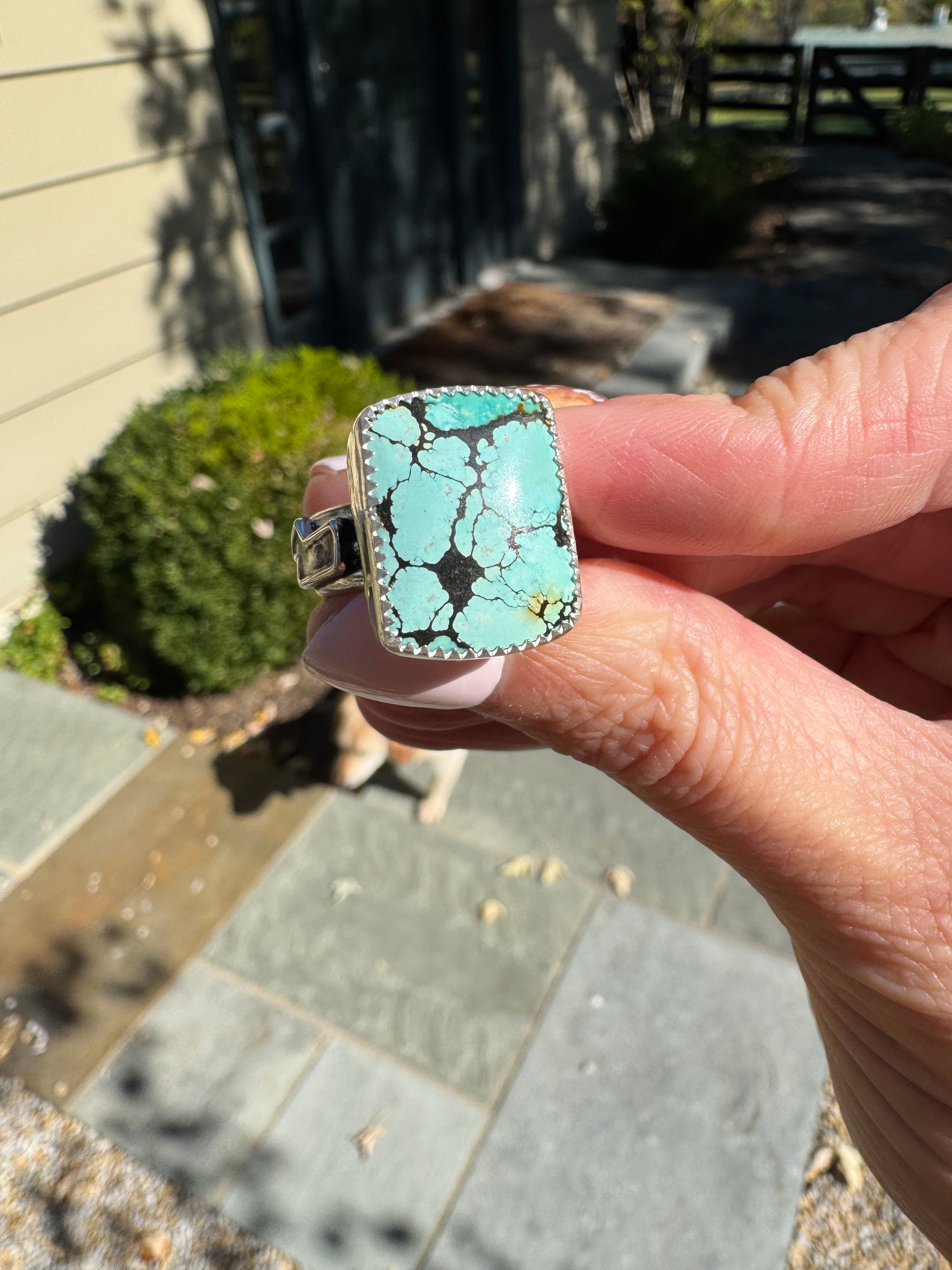 Americana ring. Southwest style turquoise with sterling silver lightning bolts. Western rodeo cowboy style jewelry