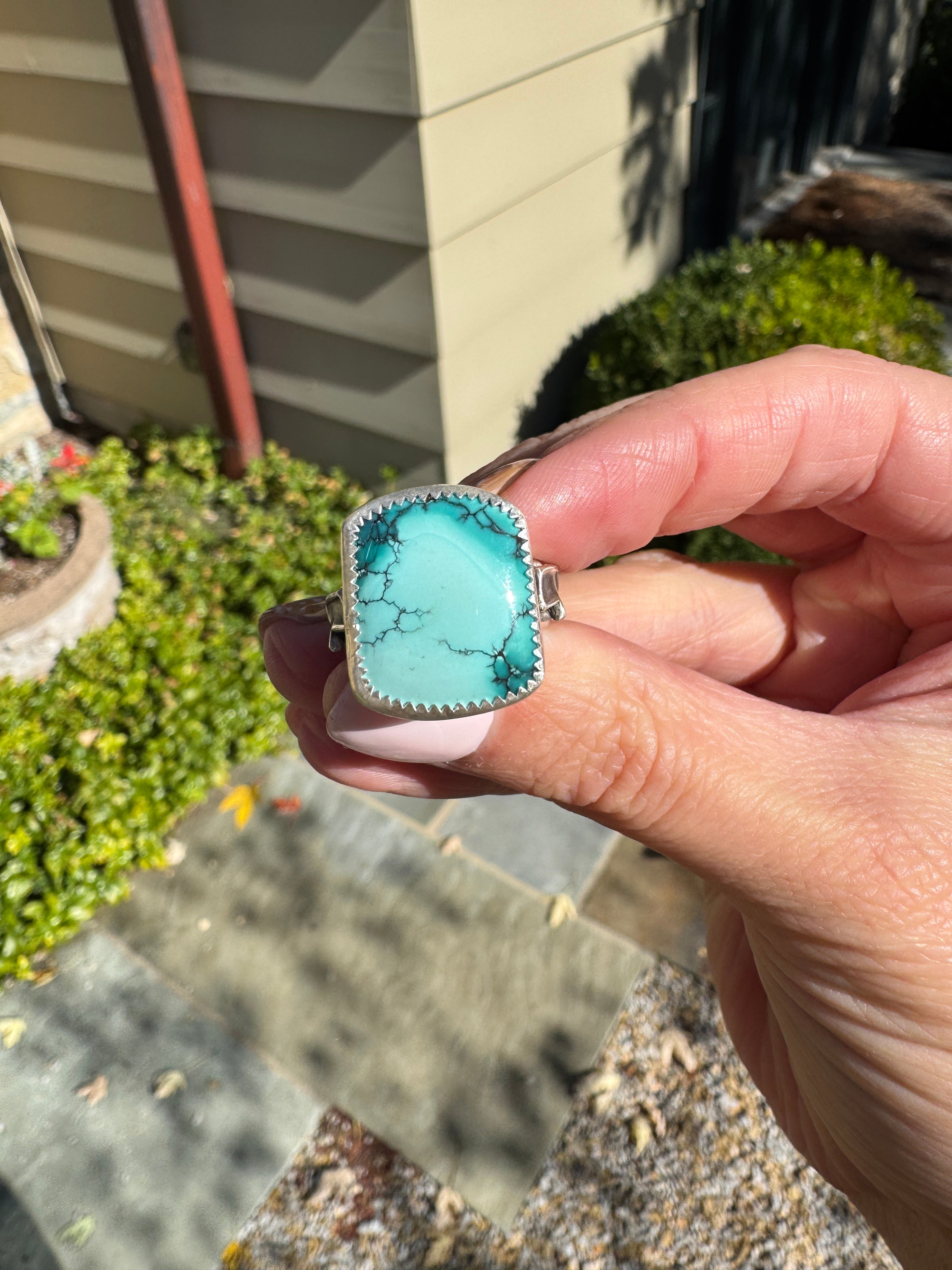 Americana ring. Southwest style turquoise with sterling silver lightning bolts. Western rodeo cowboy style jewelry