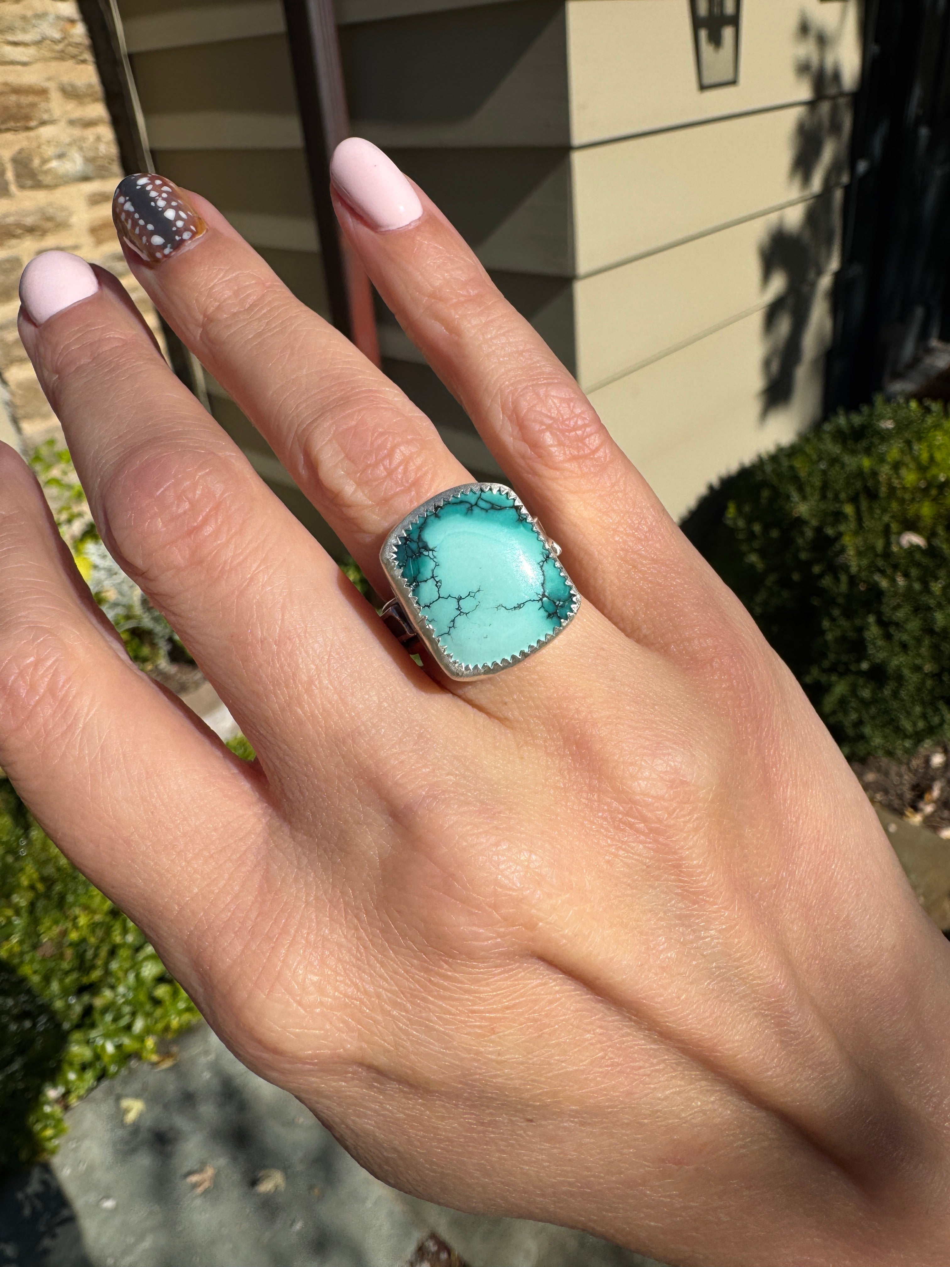 Americana ring. Southwest style turquoise with sterling silver lightning bolts. Western rodeo cowboy style jewelry