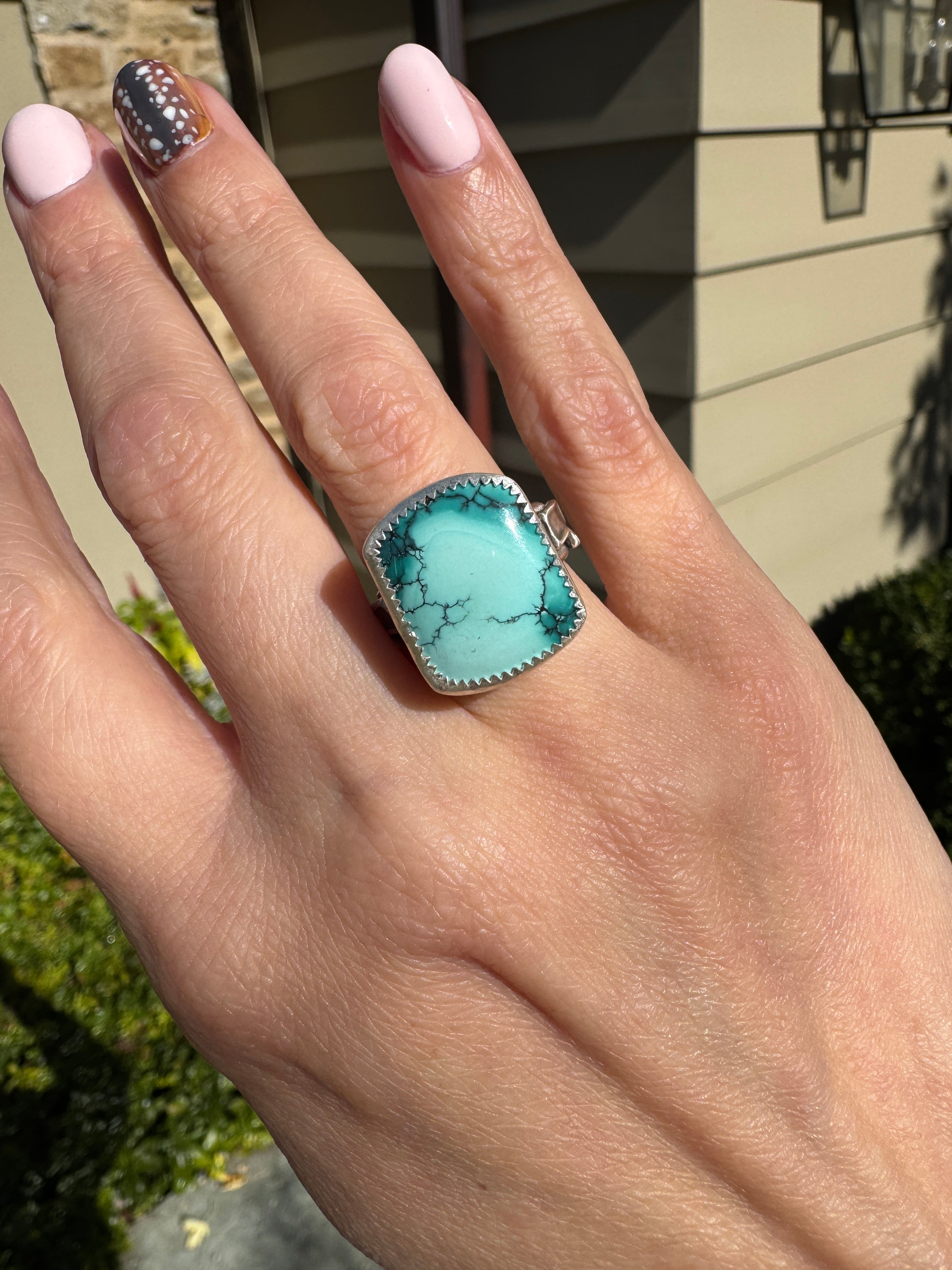 Americana ring. Southwest style turquoise with sterling silver lightning bolts. Western rodeo cowboy style jewelry