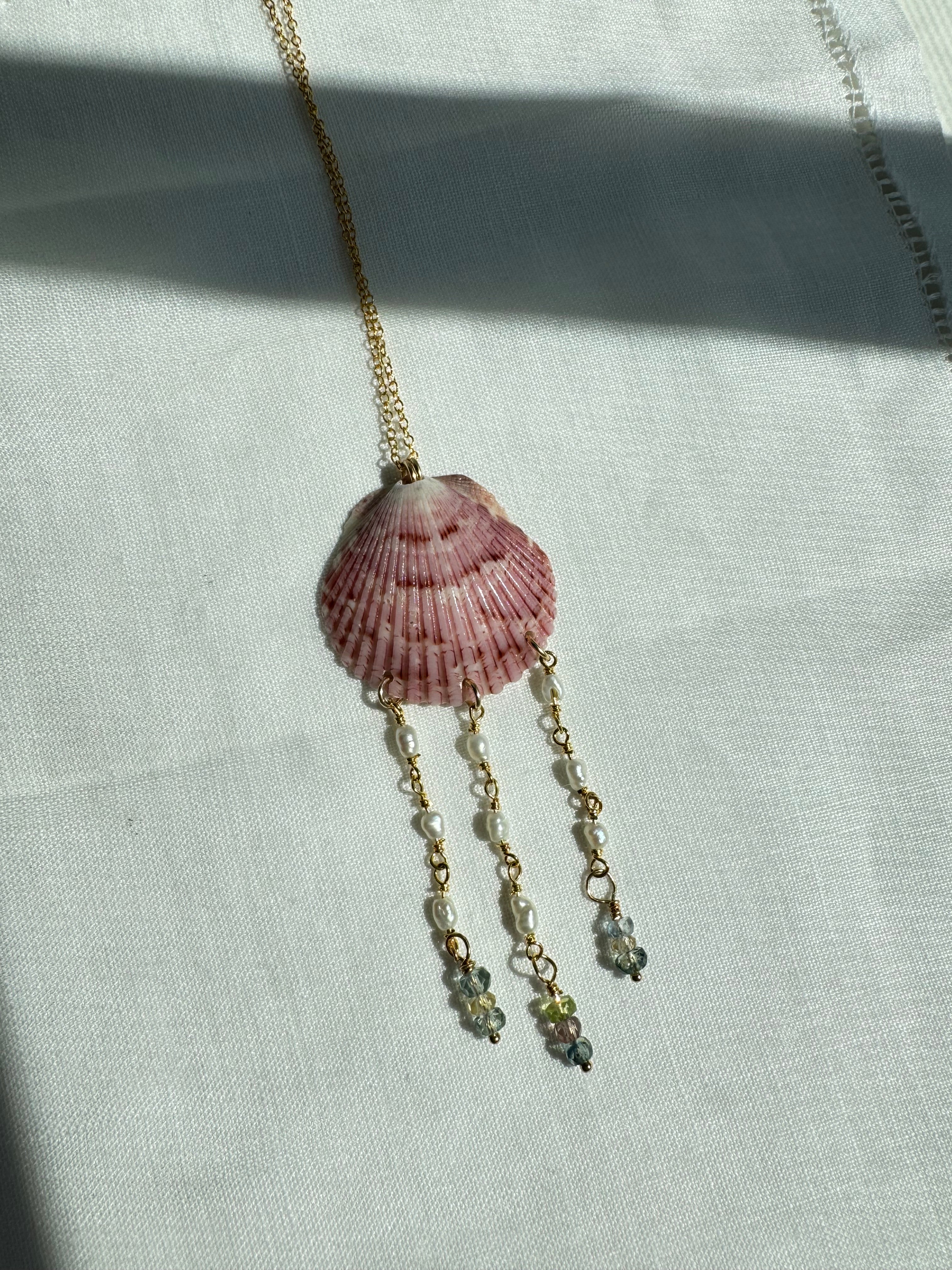 Pink Shell Necklace with Pearl and Sapphire