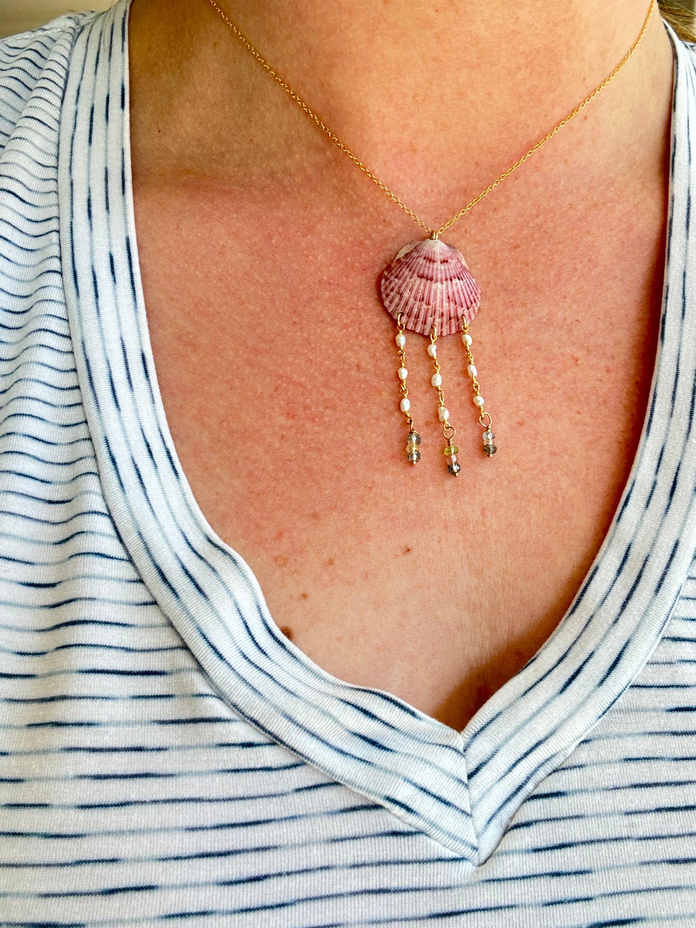 Pink Shell Necklace with Pearl and Sapphire