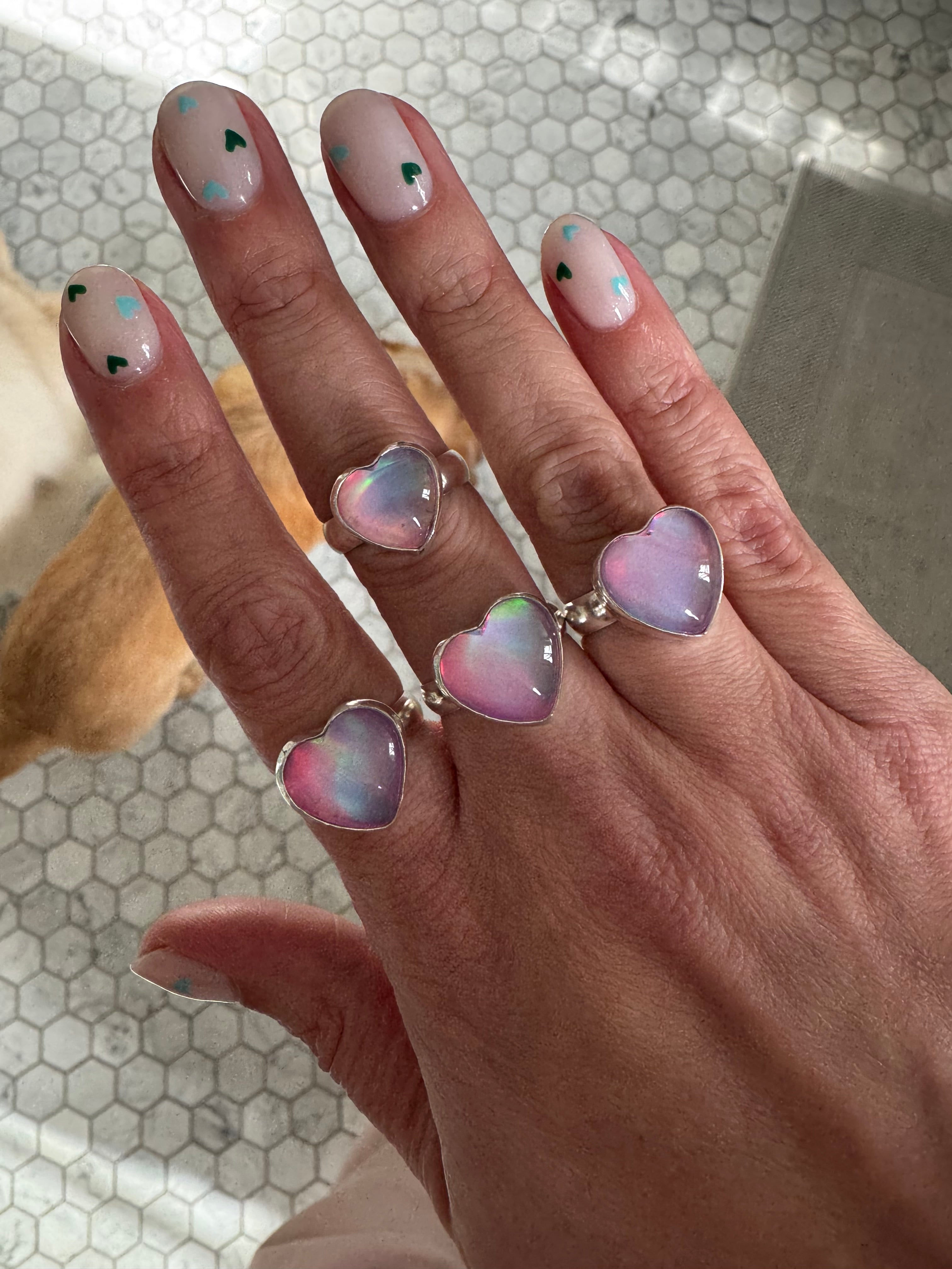Sterling Silver Aurora Opal Heart Rings