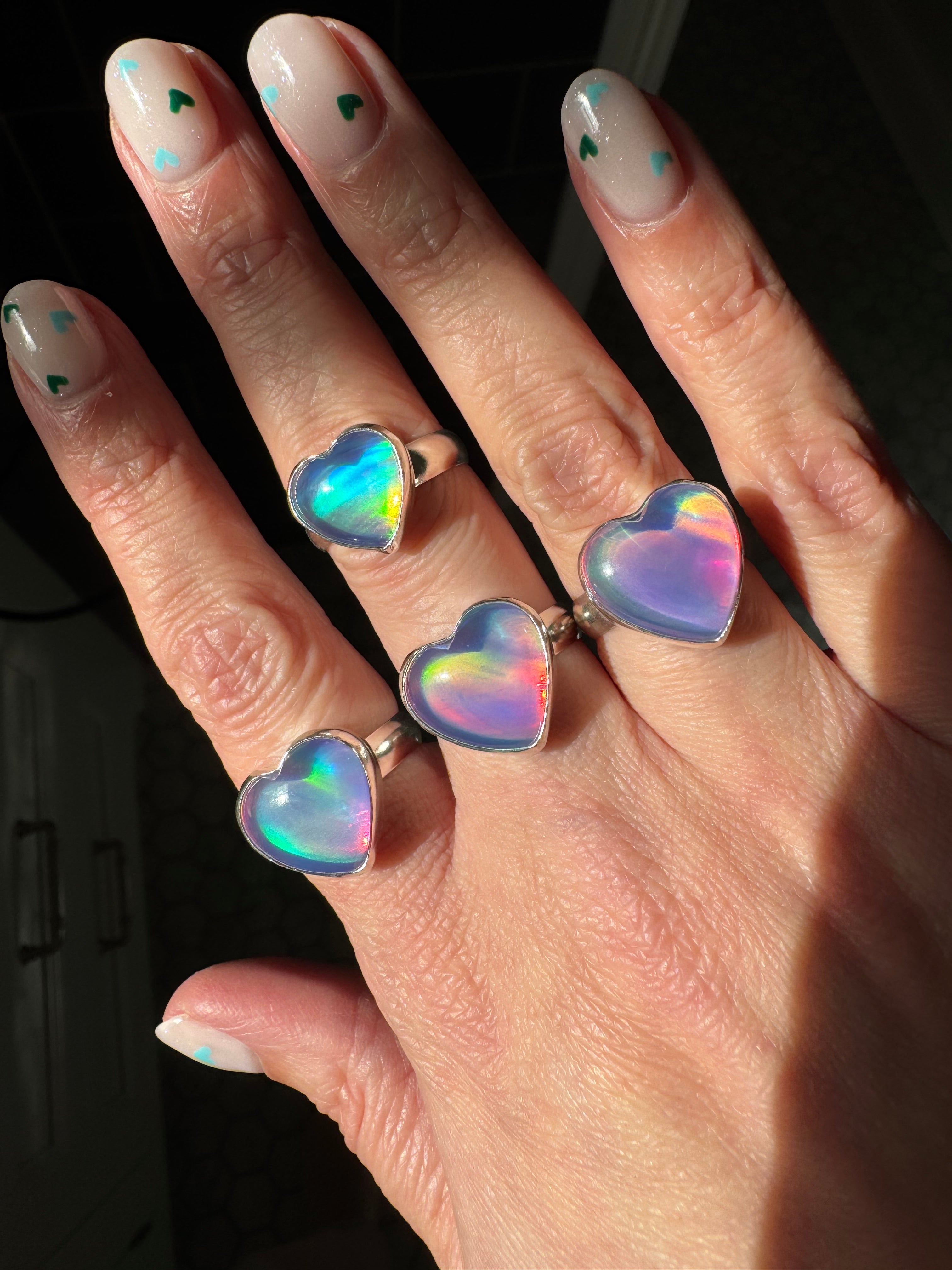 Sterling Silver Aurora Opal Heart Rings