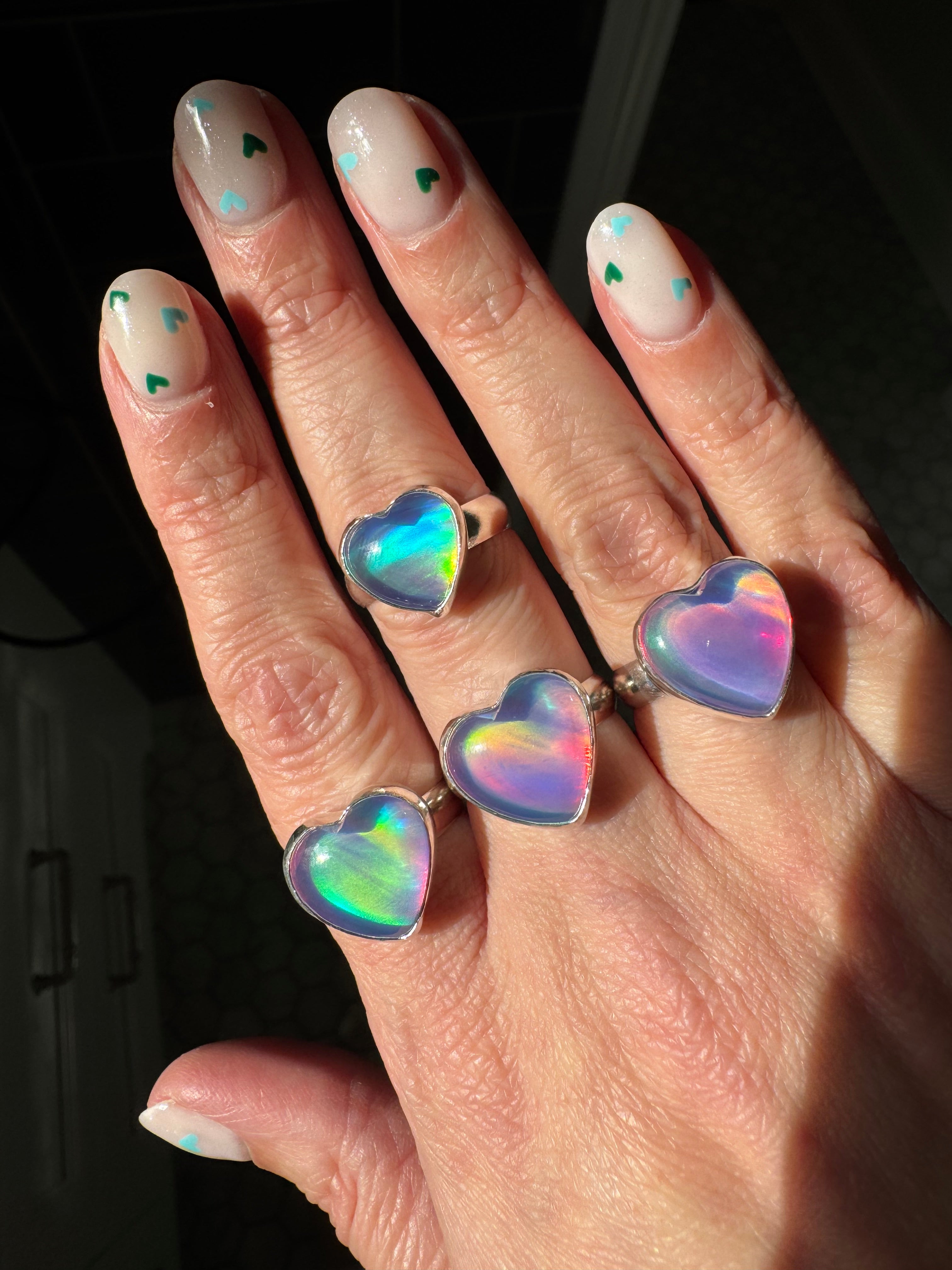 Sterling Silver Aurora Opal Heart Rings