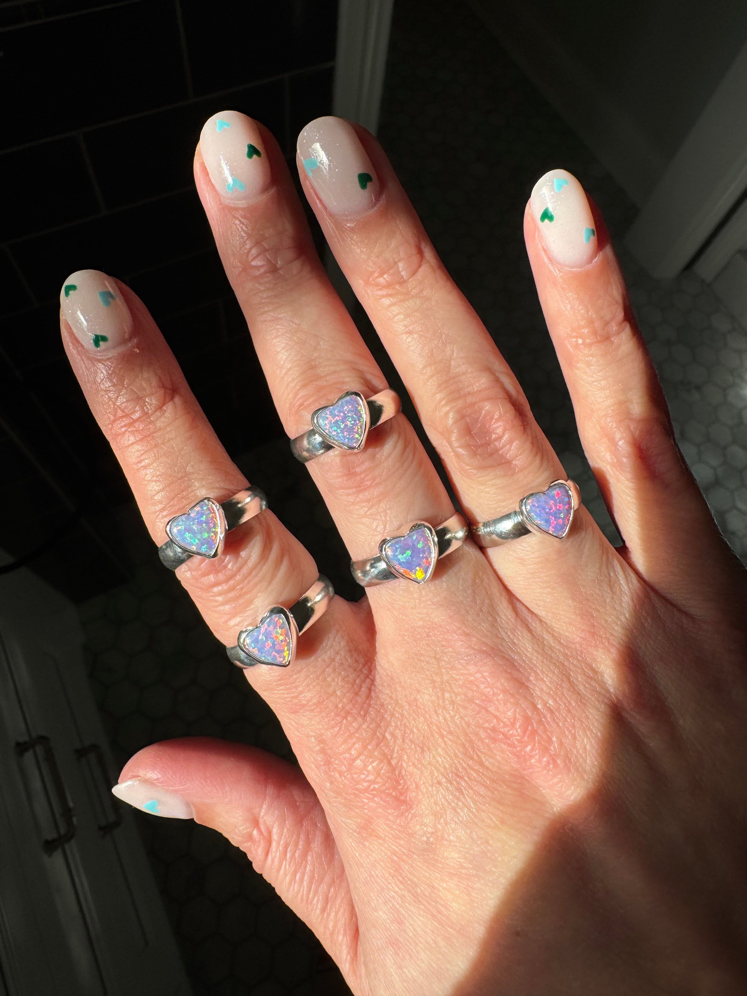 Sparkly Pink Opal Heart Rings