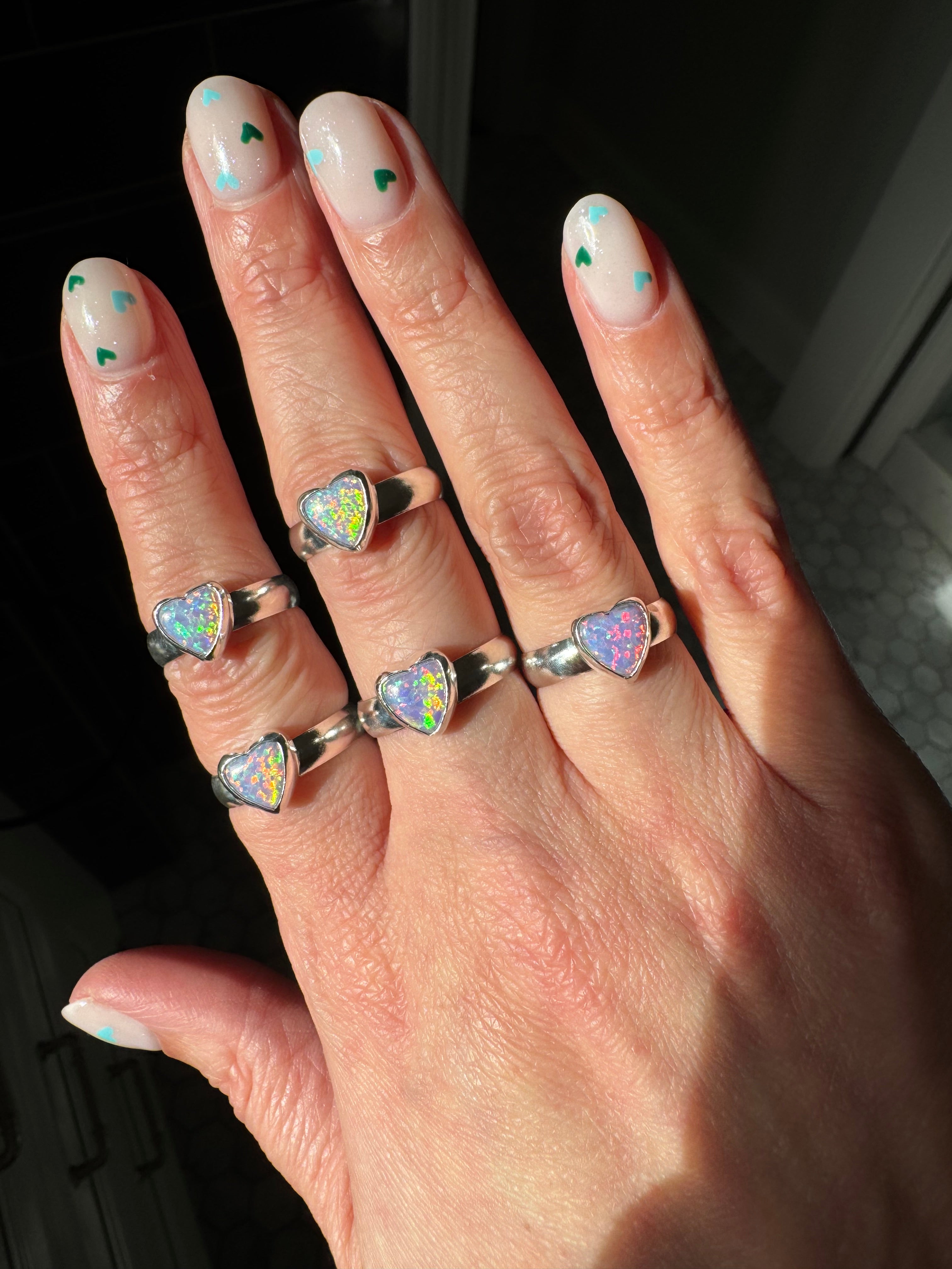 Sparkly Pink Opal Heart Rings