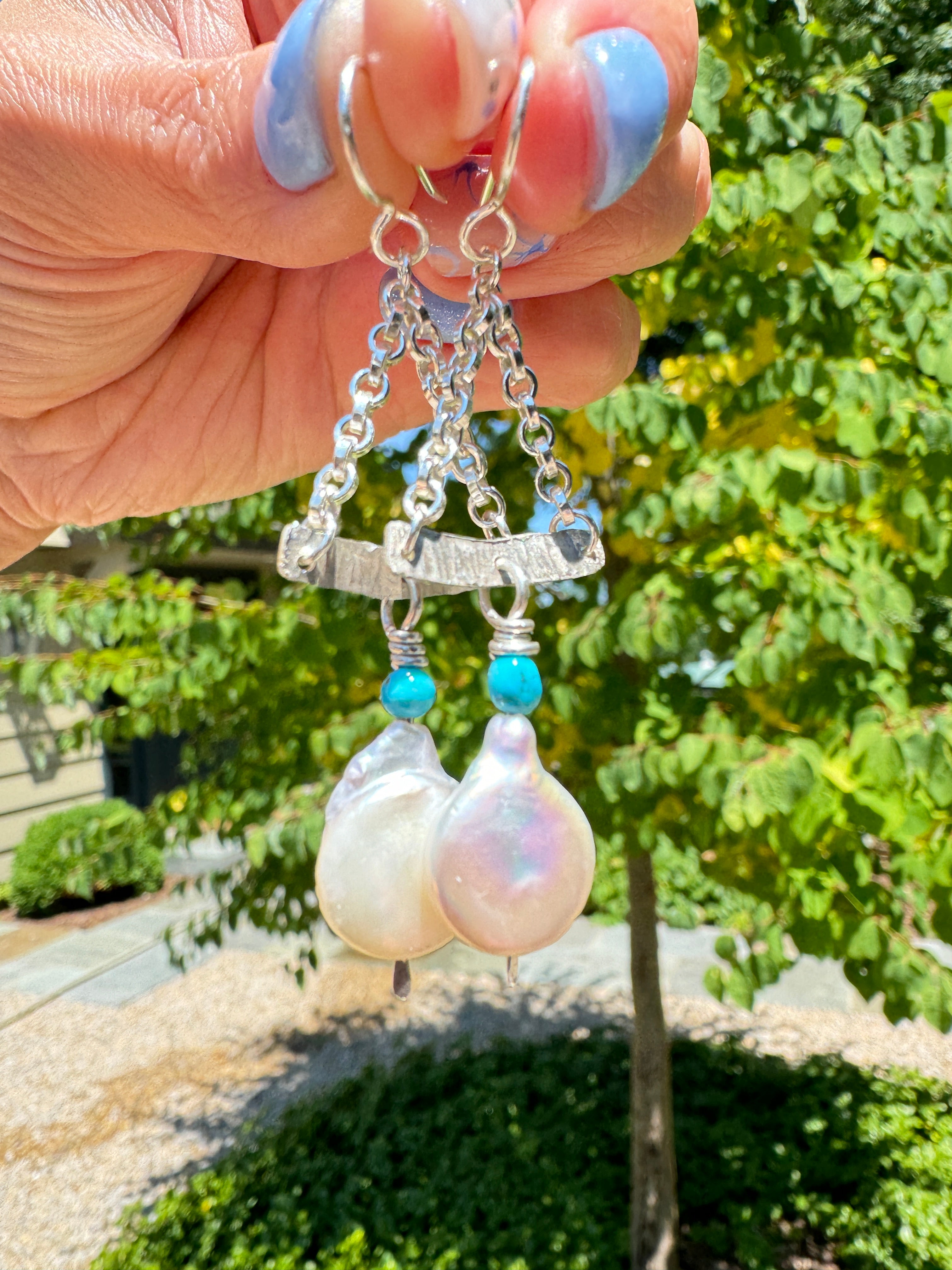 Sterling, Turquoise and Pearl Chain Earrings