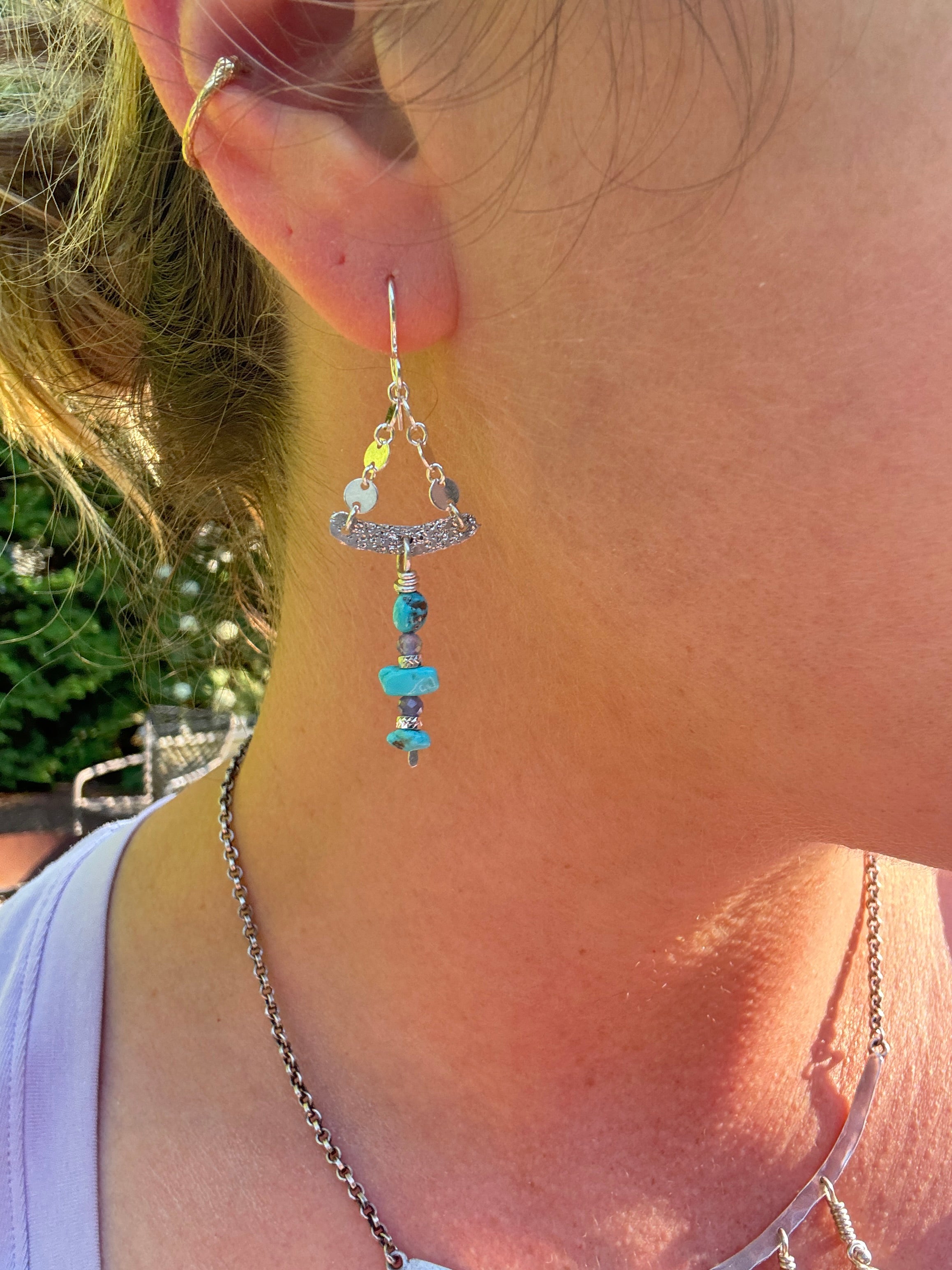 Sterling, Turquoise, and Tanzanite Chain Earrings