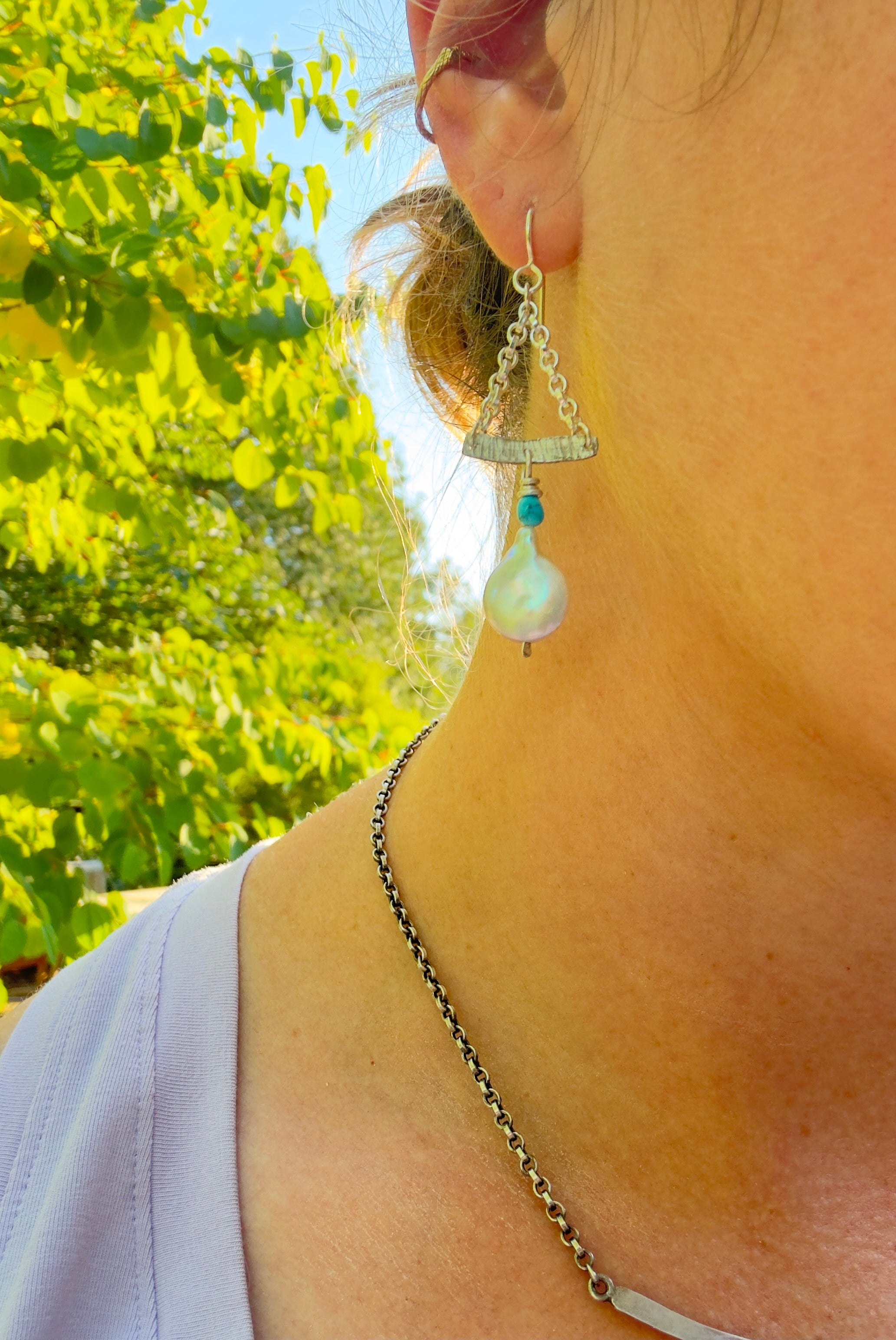 Sterling, Turquoise and Pearl Chain Earrings