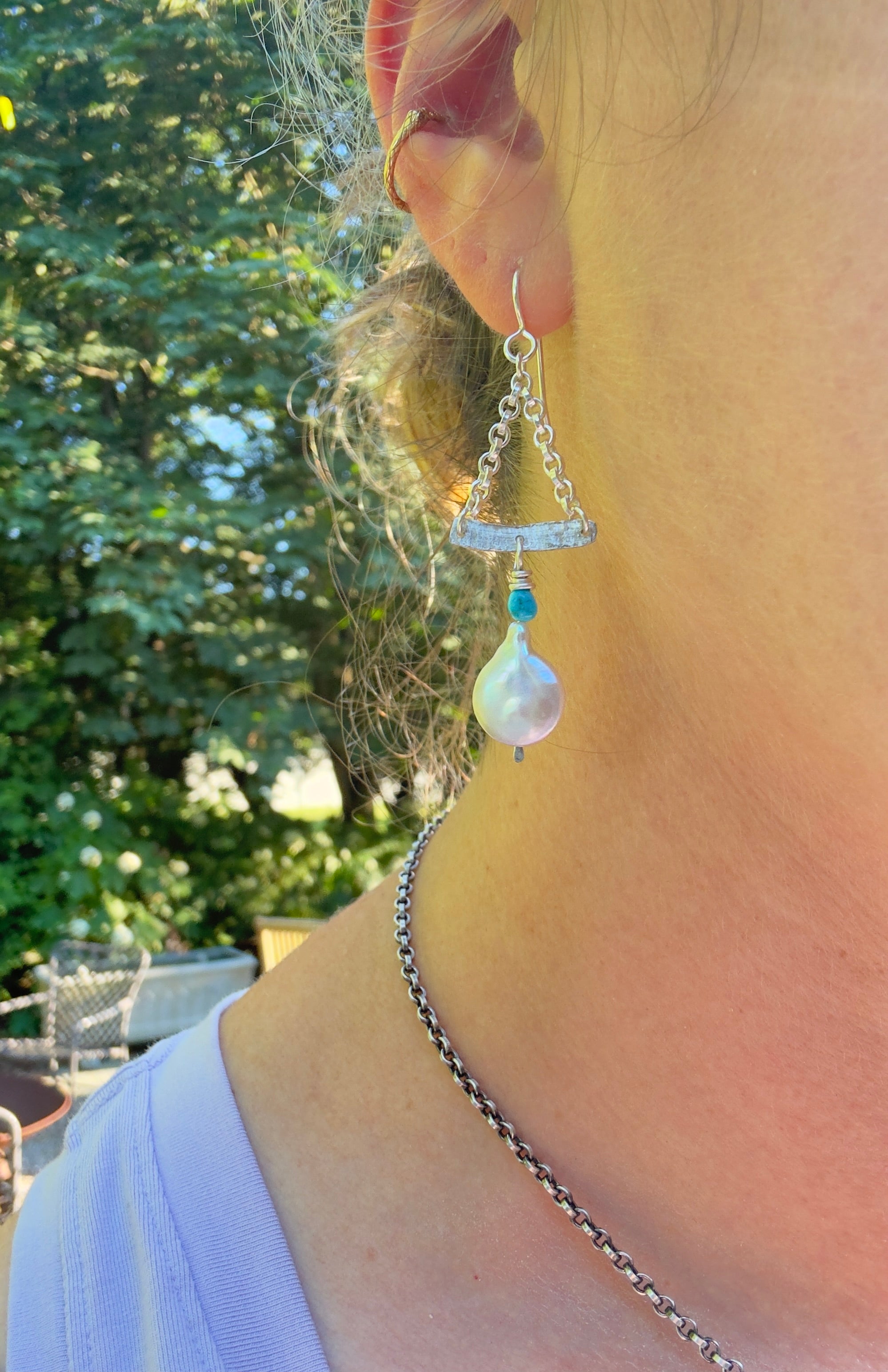 Sterling, Turquoise and Pearl Chain Earrings