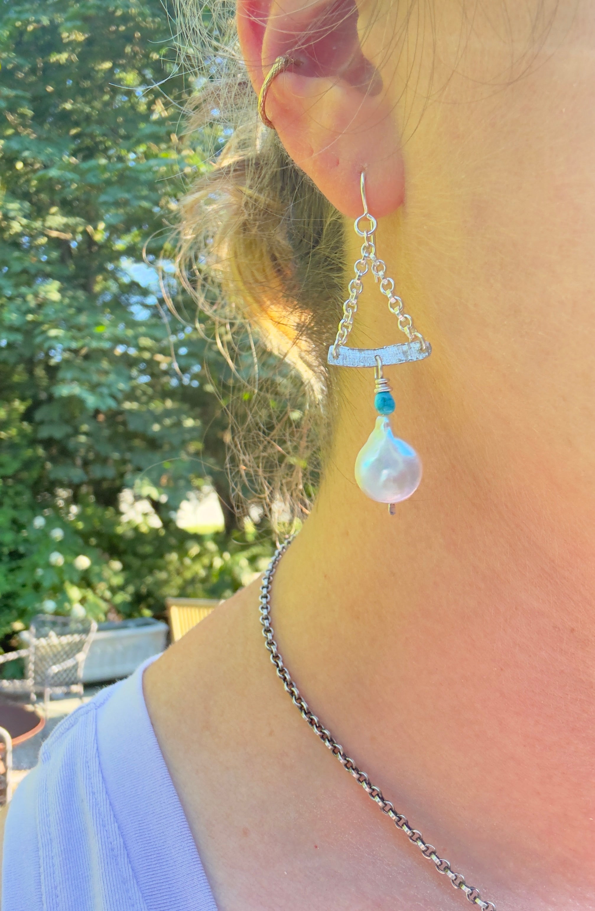 Sterling, Turquoise and Pearl Chain Earrings