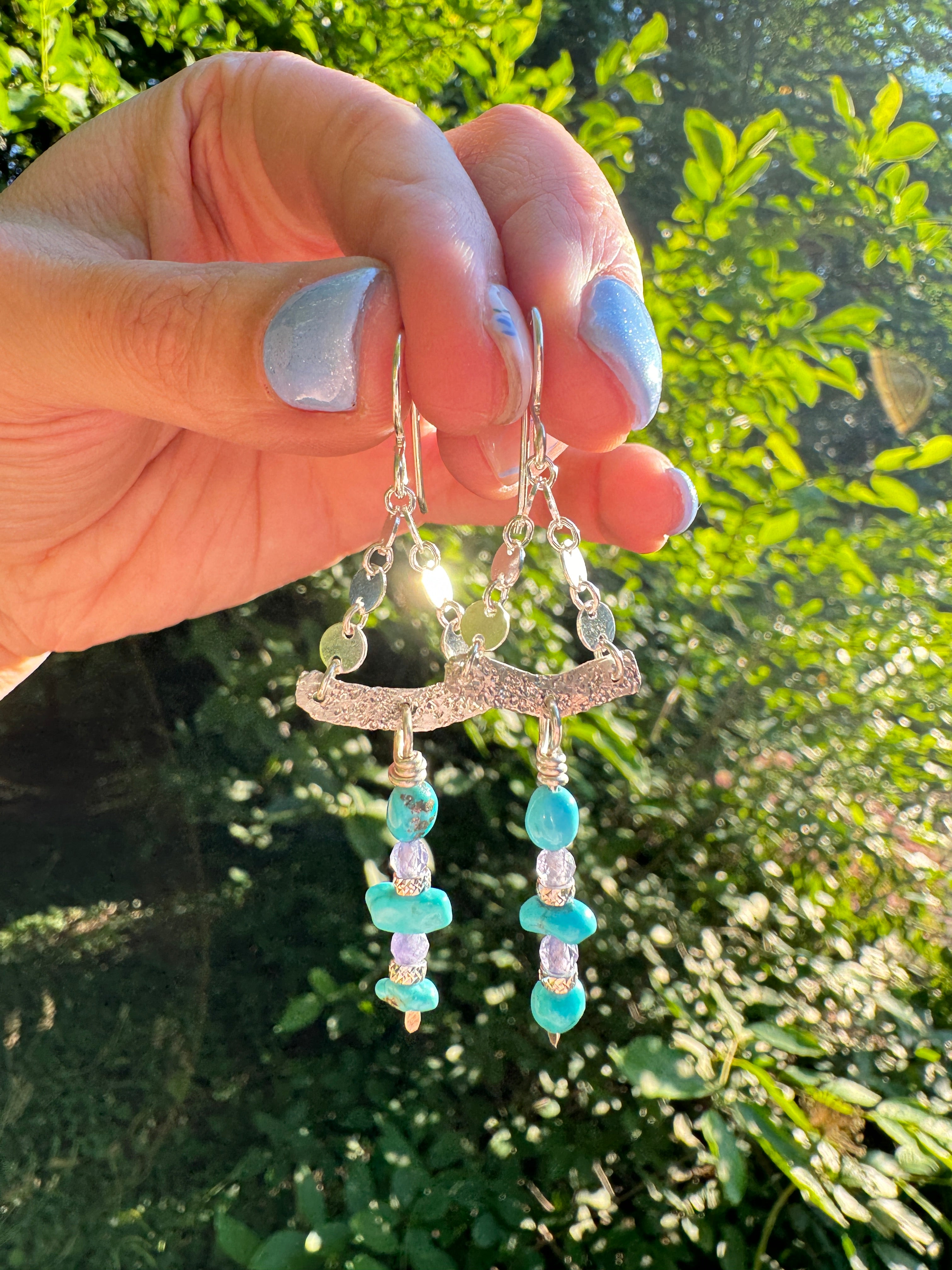 Sterling, Turquoise, and Tanzanite Chain Earrings