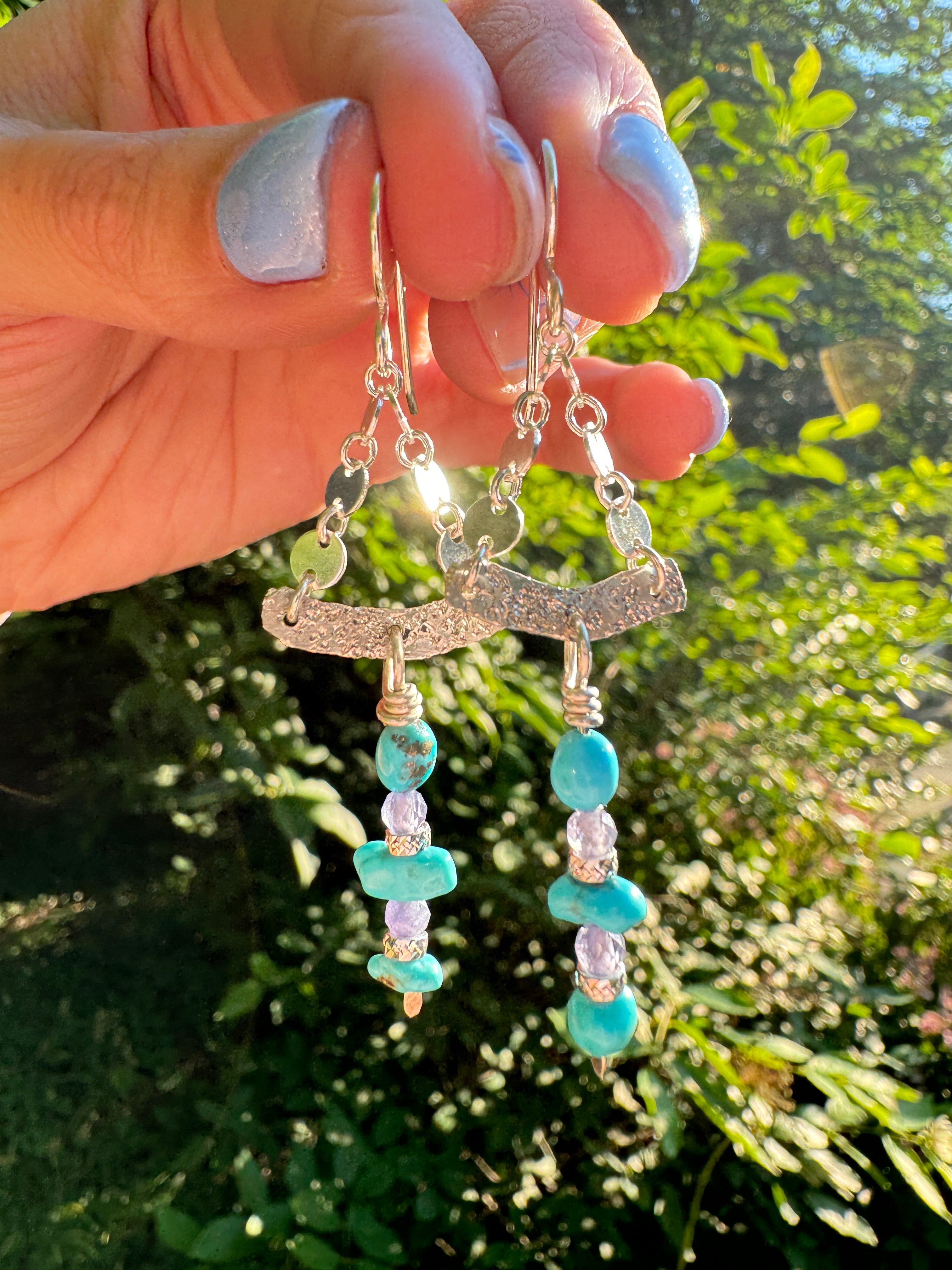 Sterling, Turquoise, and Tanzanite Chain Earrings