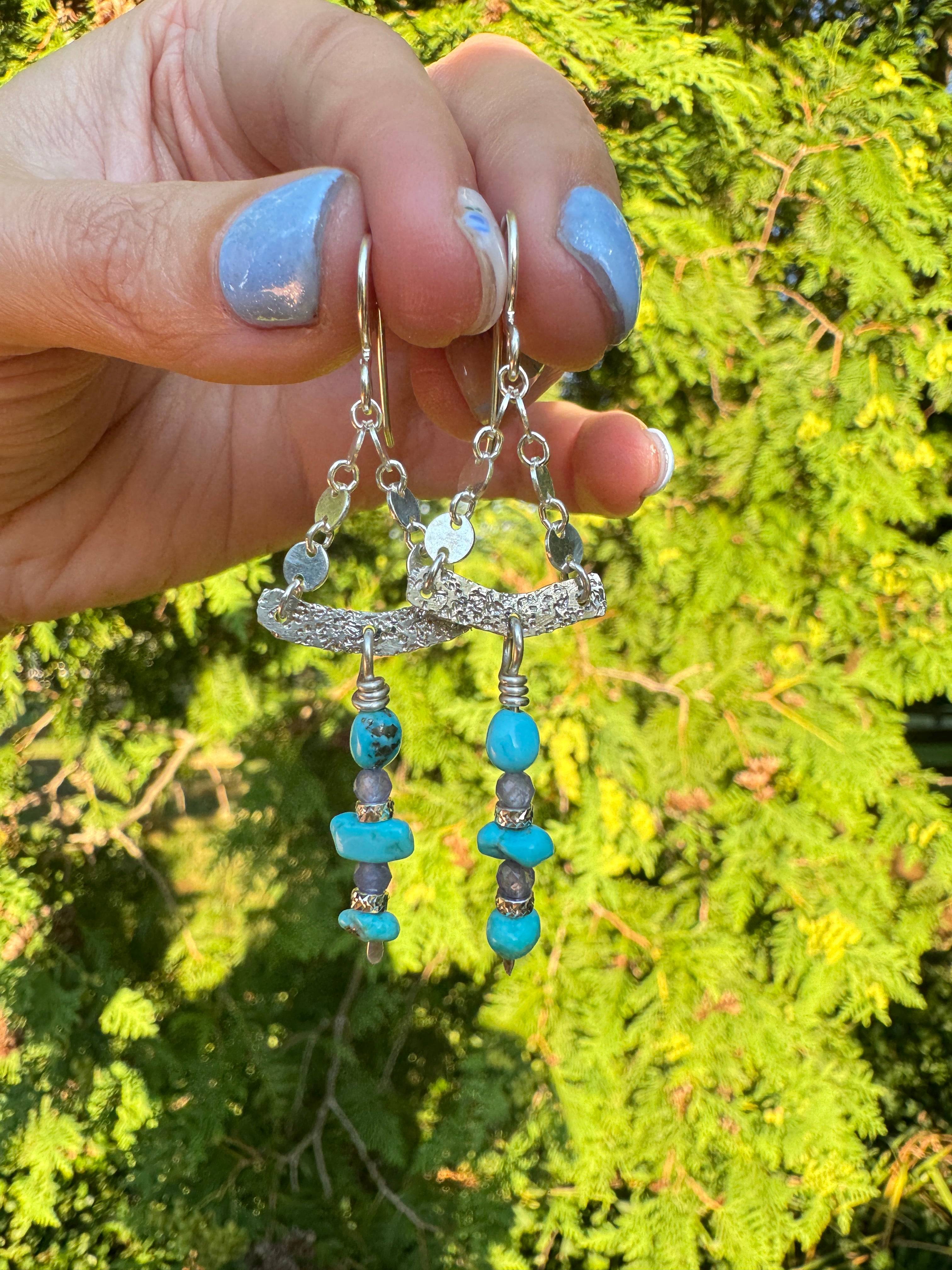 Sterling, Turquoise, and Tanzanite Chain Earrings