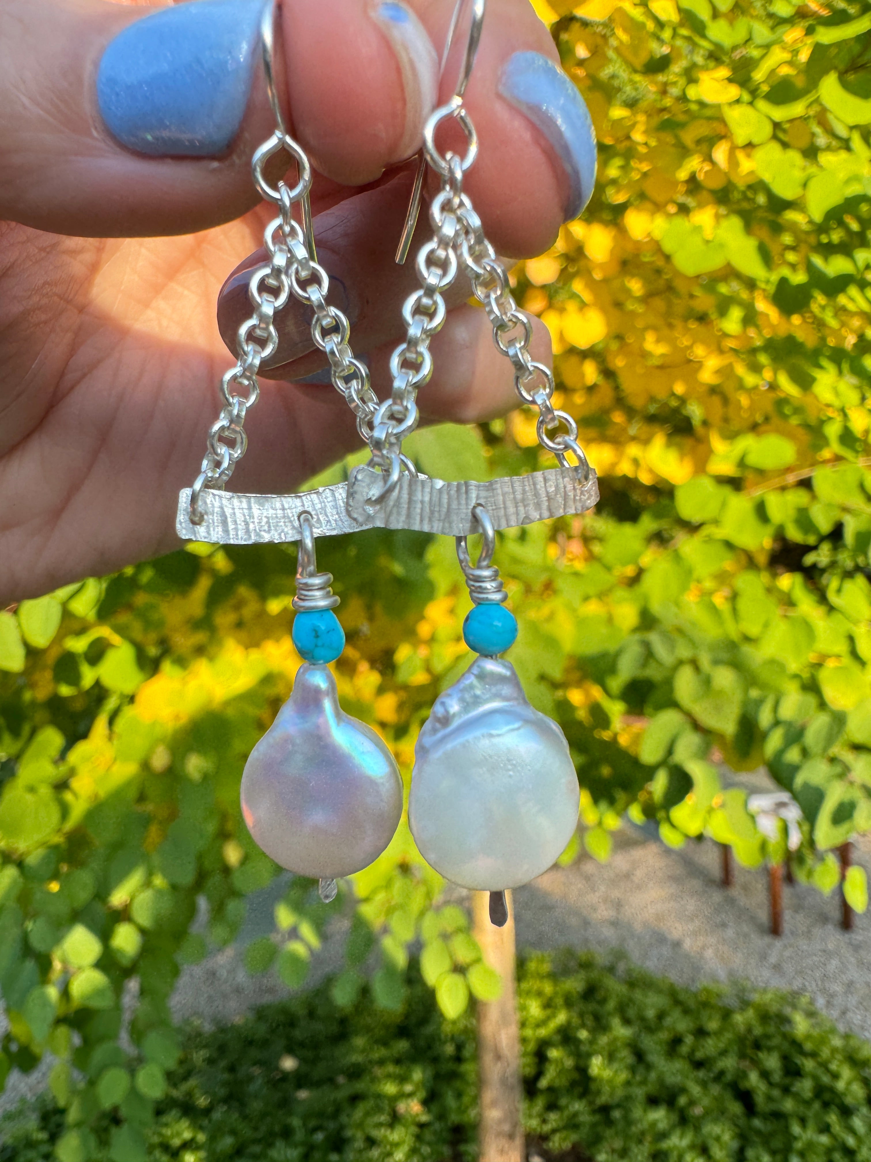 Sterling, Turquoise and Pearl Chain Earrings