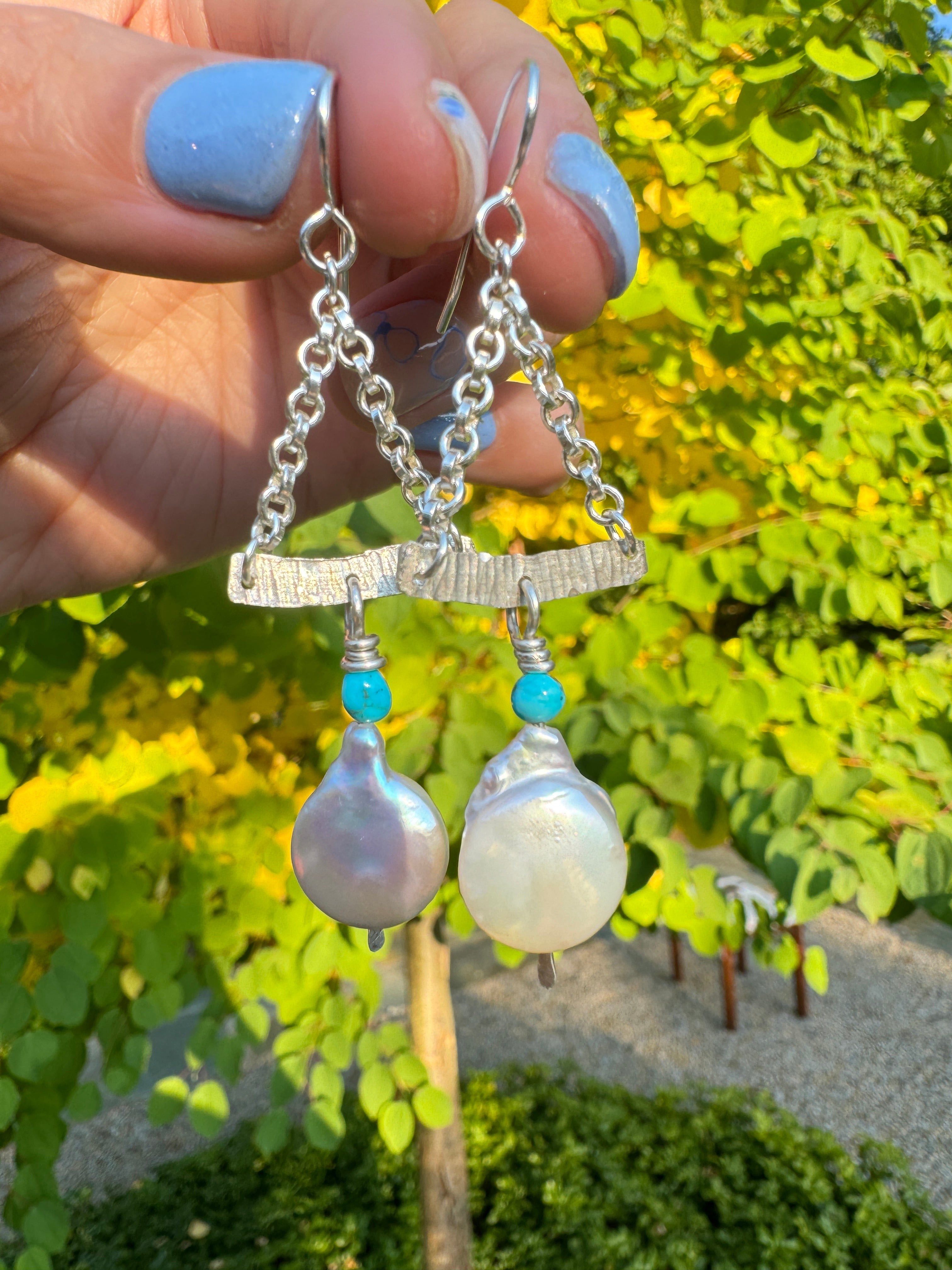 Sterling, Turquoise and Pearl Chain Earrings