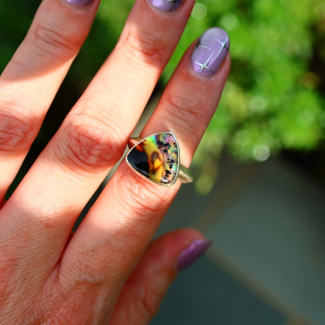 Montana Agate & New Zealand Abalone Ring | Iridescent Rainbow Ring | Size 6.25-6.75