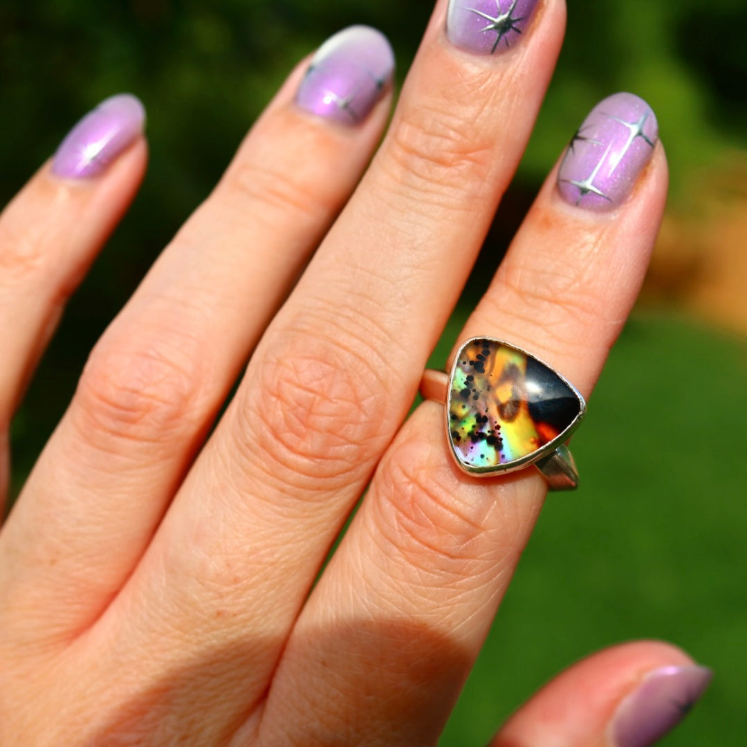 Montana Agate & New Zealand Abalone Ring | Iridescent Rainbow Ring | Size 6.25-6.75