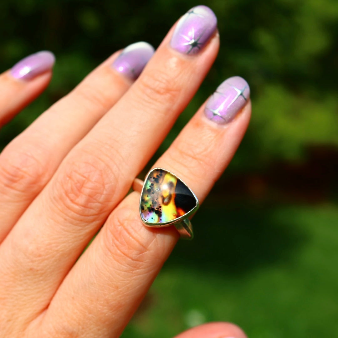 Montana Agate & New Zealand Abalone Ring | Iridescent Rainbow Ring | Size 6.25-6.75