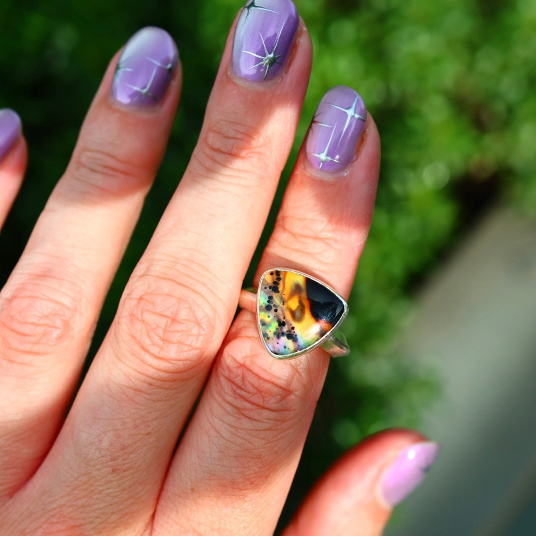 Montana Agate & New Zealand Abalone Ring | Iridescent Rainbow Ring | Size 6.25-6.75