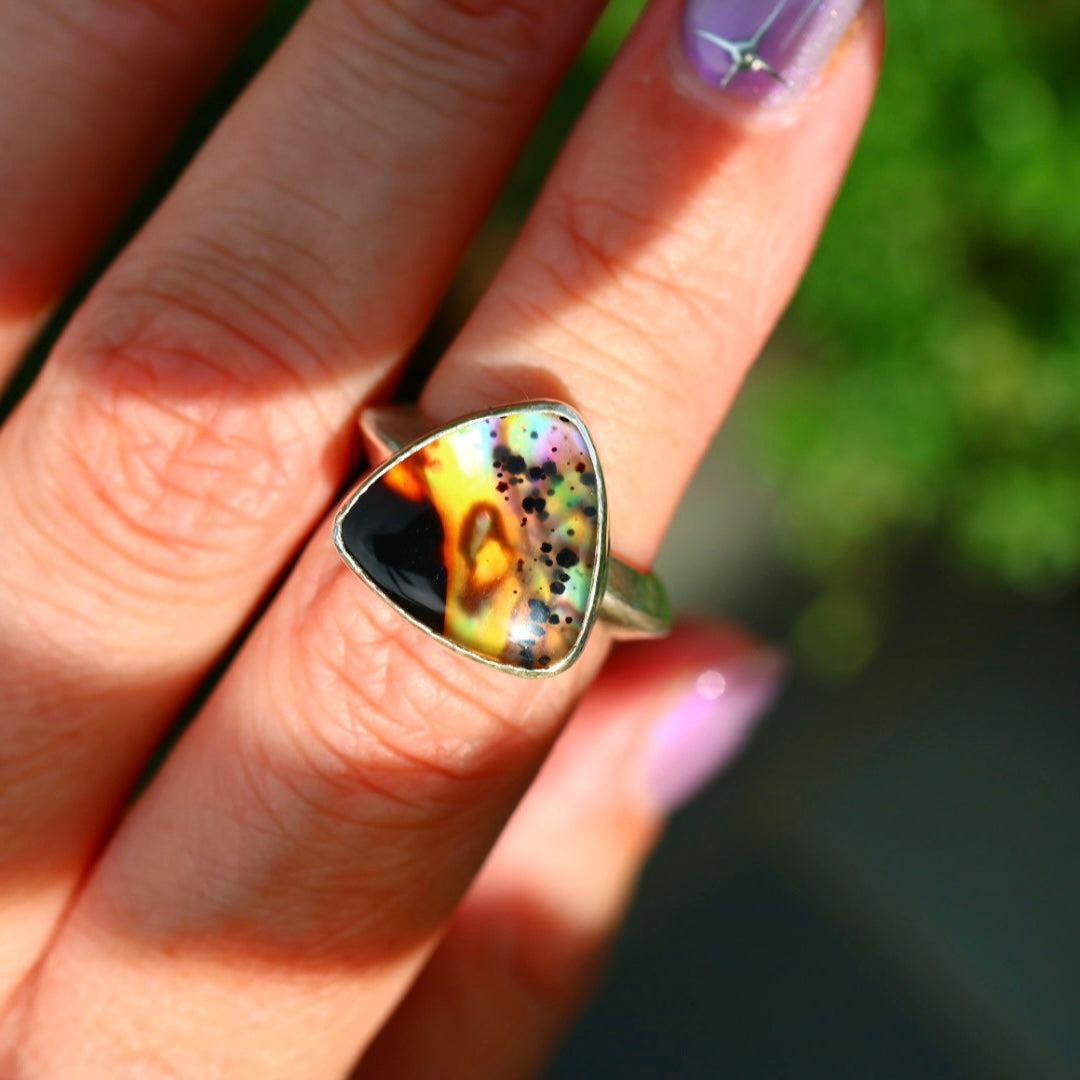 Montana Agate & New Zealand Abalone Ring | Iridescent Rainbow Ring | Size 6.25-6.75