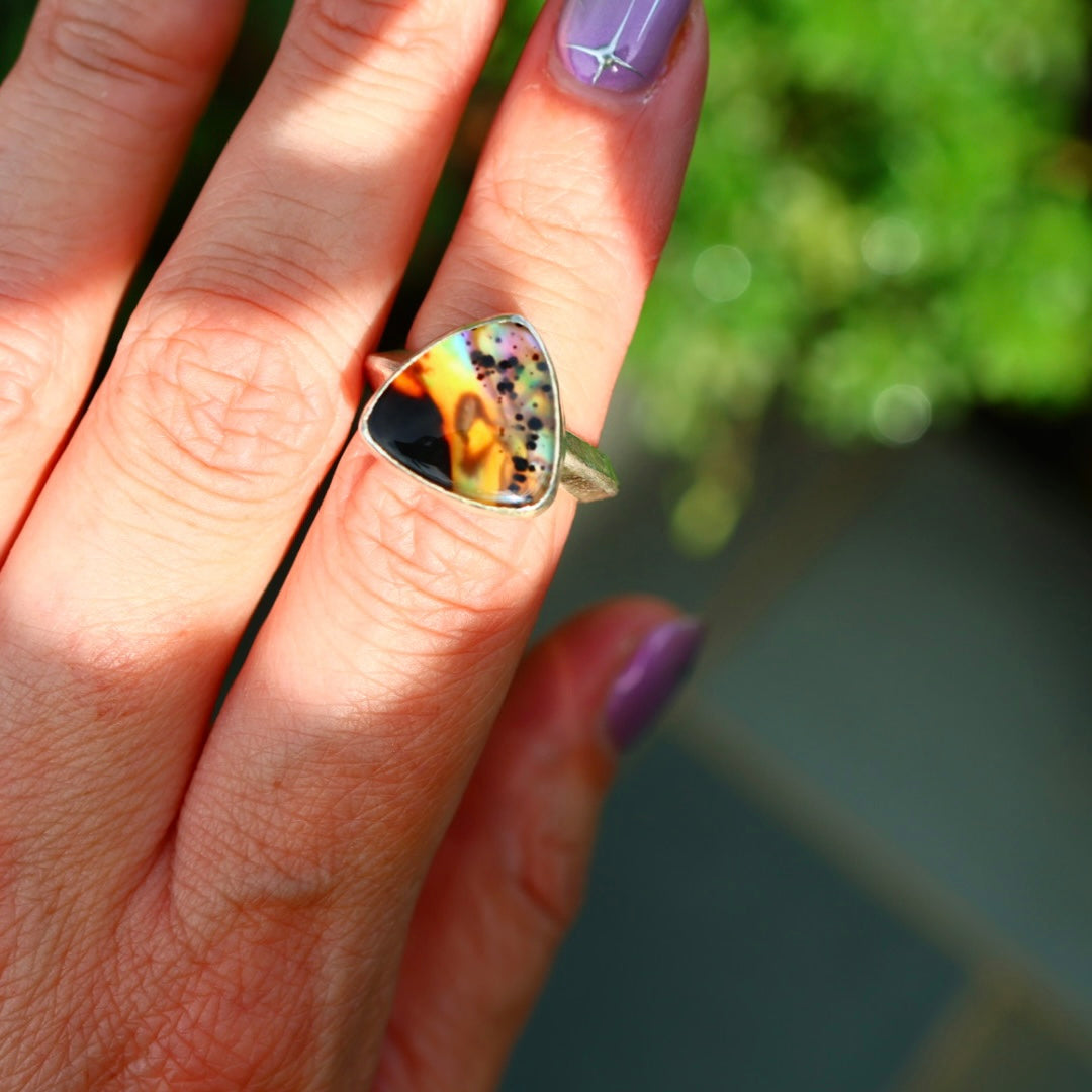 Montana Agate & New Zealand Abalone Ring | Iridescent Rainbow Ring | Size 6.25-6.75