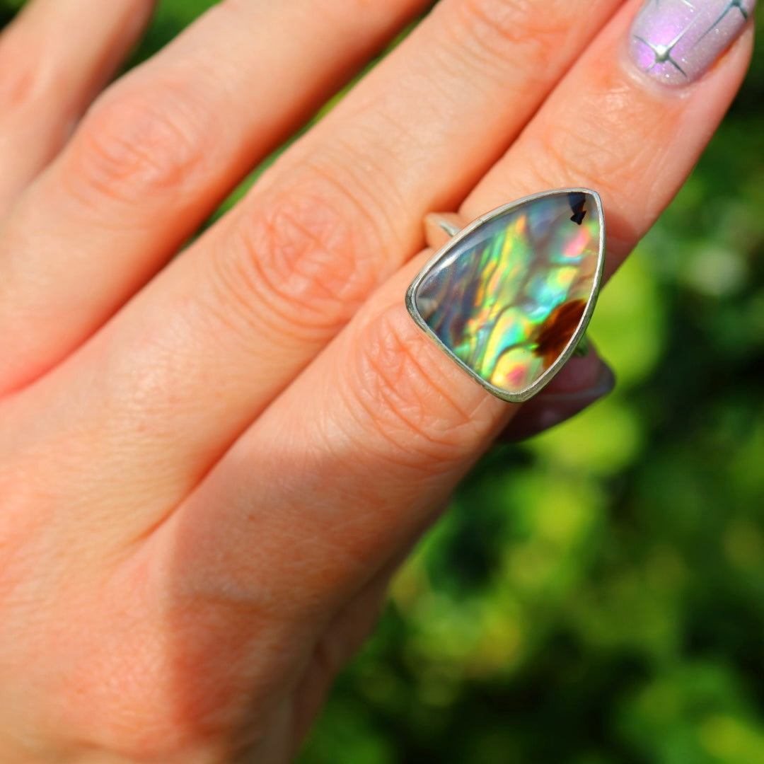 Montana Agate & New Zealand Abalone Ring | Iridescent Rainbow Ring | Size 5.5-6