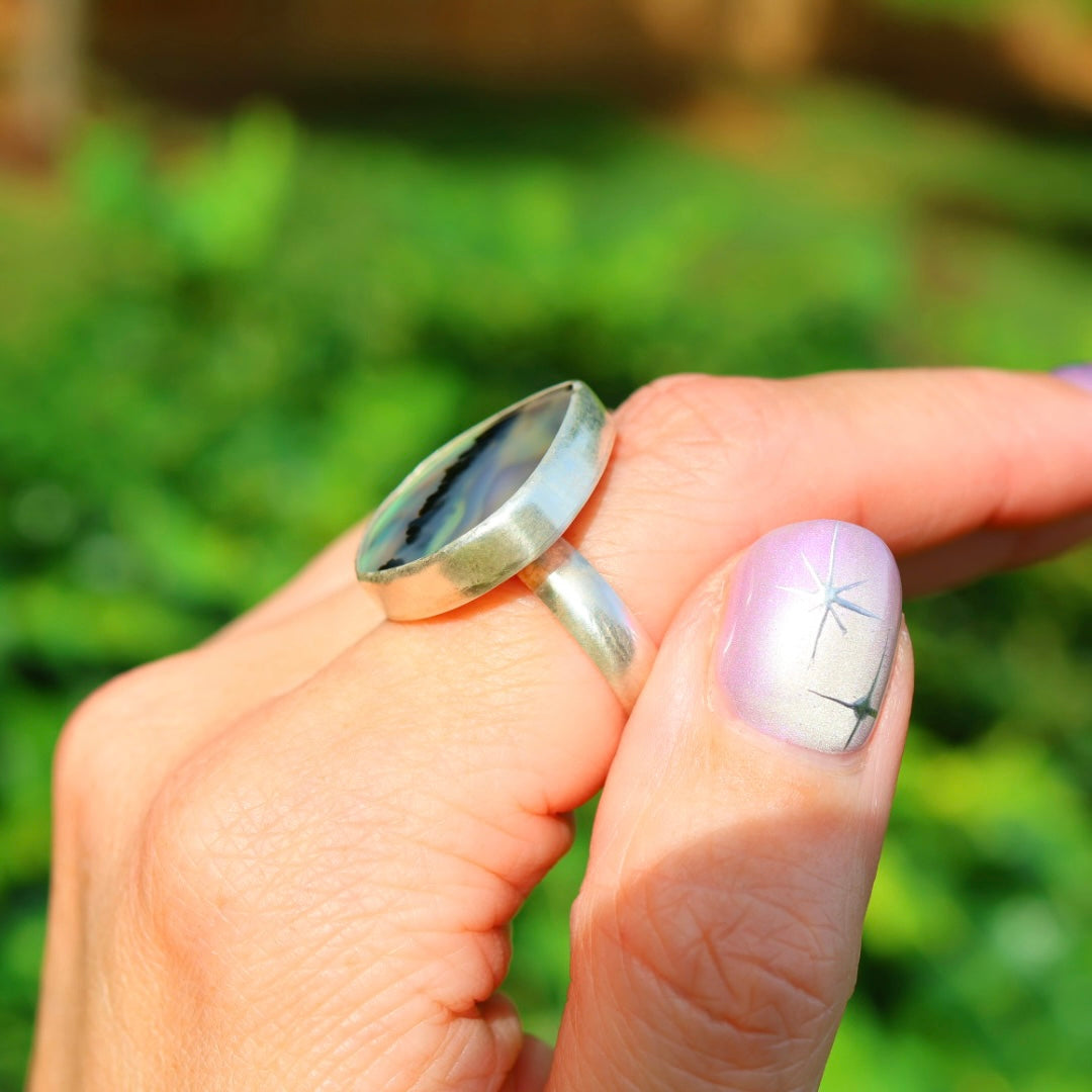 Montana Agate & New Zealand Abalone Ring | Iridsecent Rainbow Ring | Size 7.75