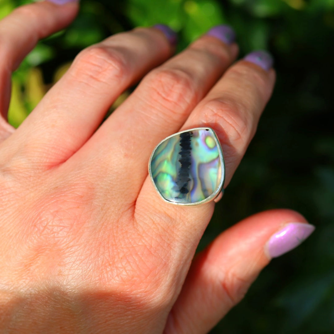 Montana Agate & New Zealand Abalone Ring | Iridsecent Rainbow Ring | Size 7.75