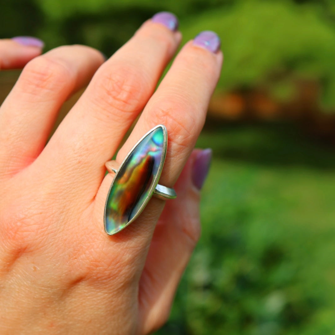Montana Agate & New Zealand Abalone Ring | Iridescent Rainbow Ring | Size 8.25