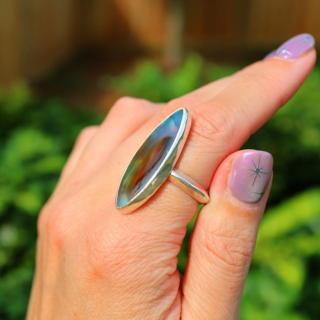 Montana Agate & New Zealand Abalone Ring | Iridescent Rainbow Ring | Size 8.25