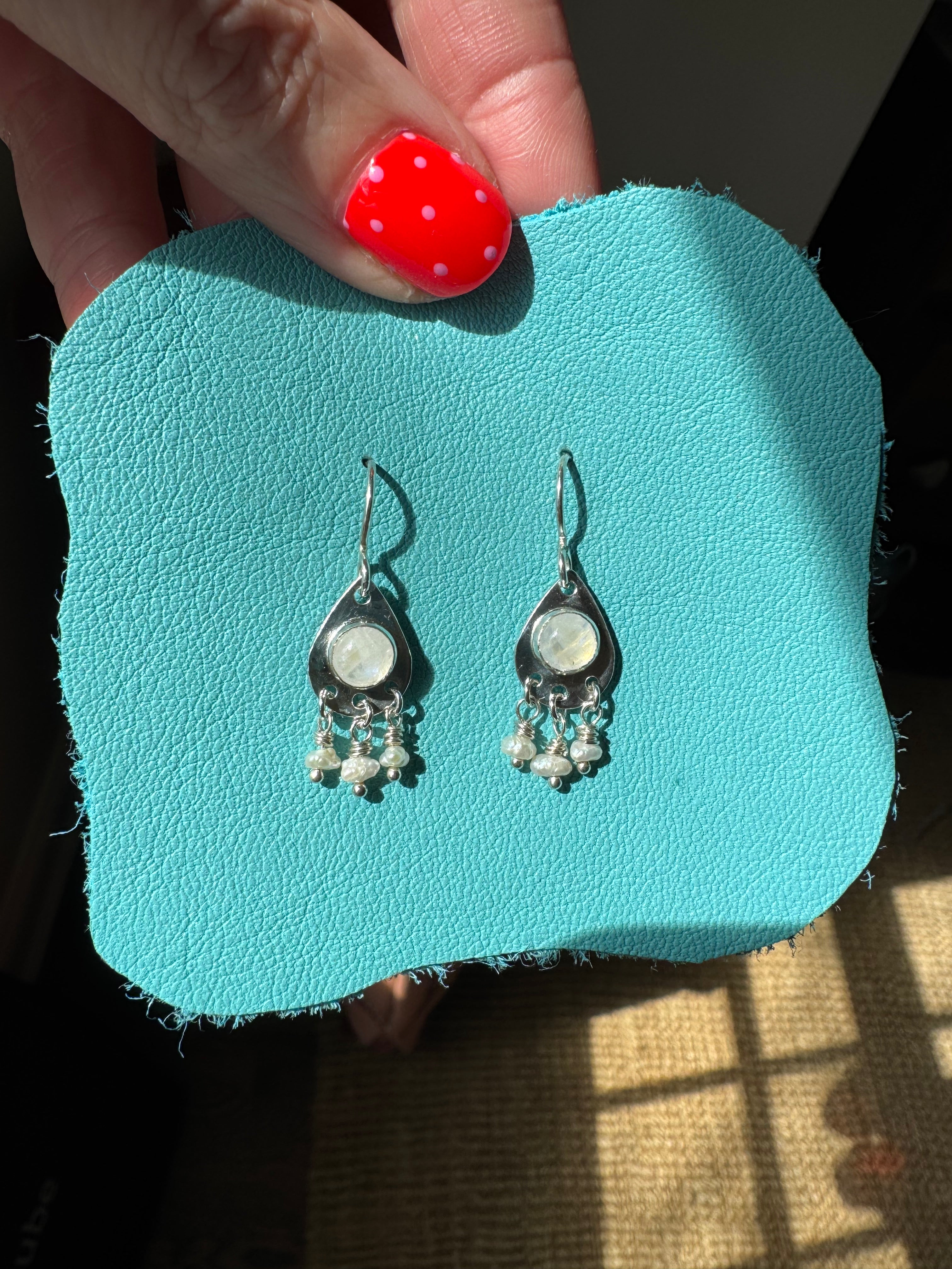 Teardrop Earrings with Rainbow Moonstone and Pearls